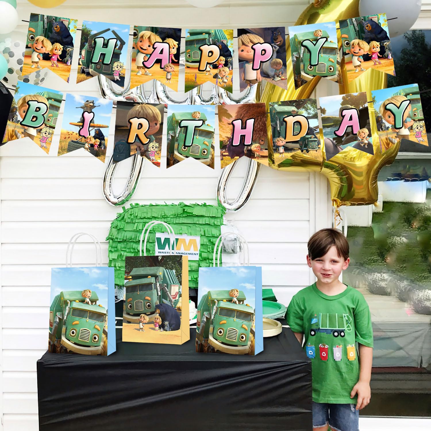 16 Pcs Trash Truck Themed Party Favor Bags with Handles - 2 Styles for Kids Birthday Party Supplies, Goodie Bags for Candy & Gifts - Perfect for Trash Truck Themed Decorations, Boys & Girls Birthday Parties, Baby Showers & School Events