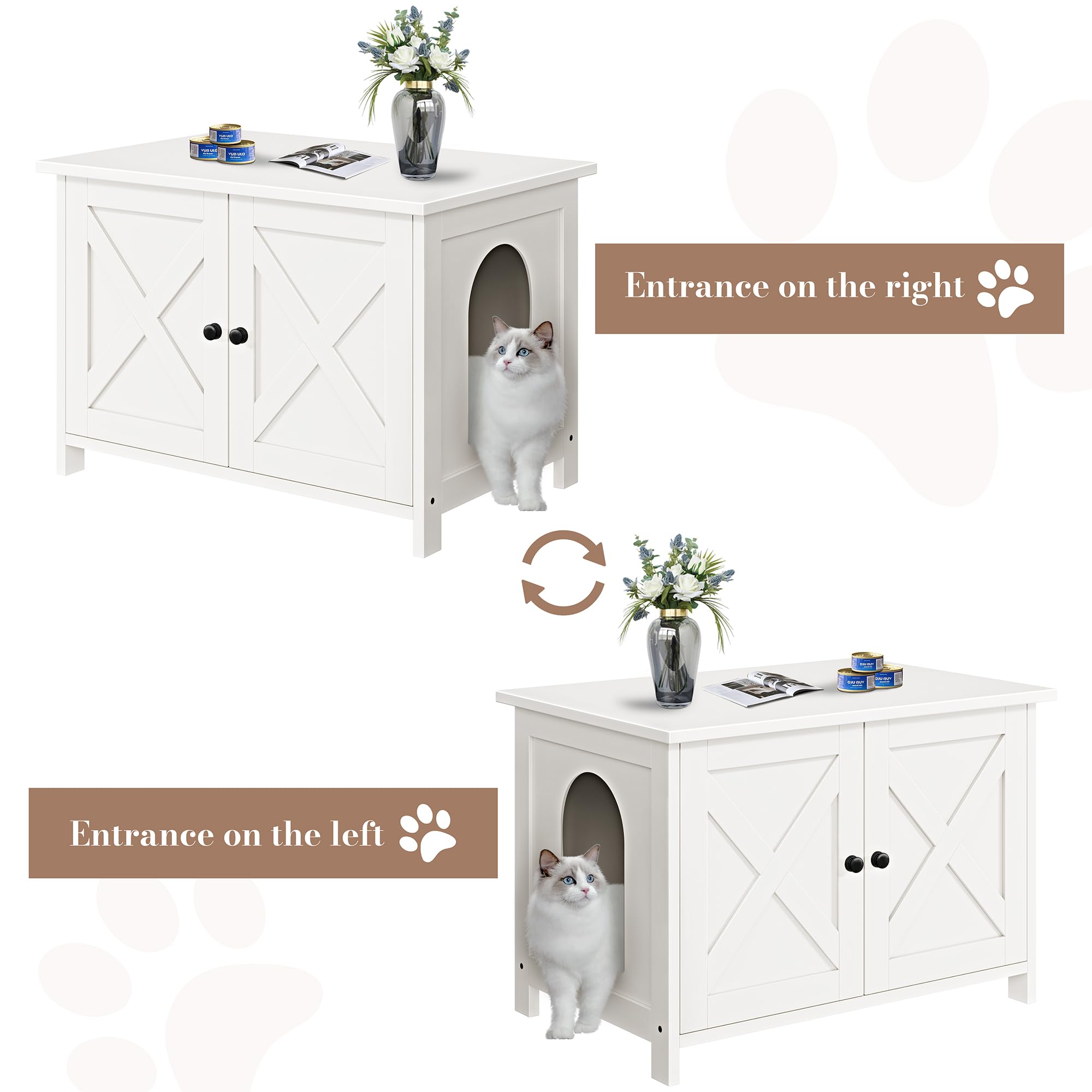 Wooden Cat Litter Box Enclosure with Barn Door - Hidden Litter Box Furniture for Cats, White - Fits Most Litter Boxes | Perfect for Home, Apartment & Pet-Friendly Spaces