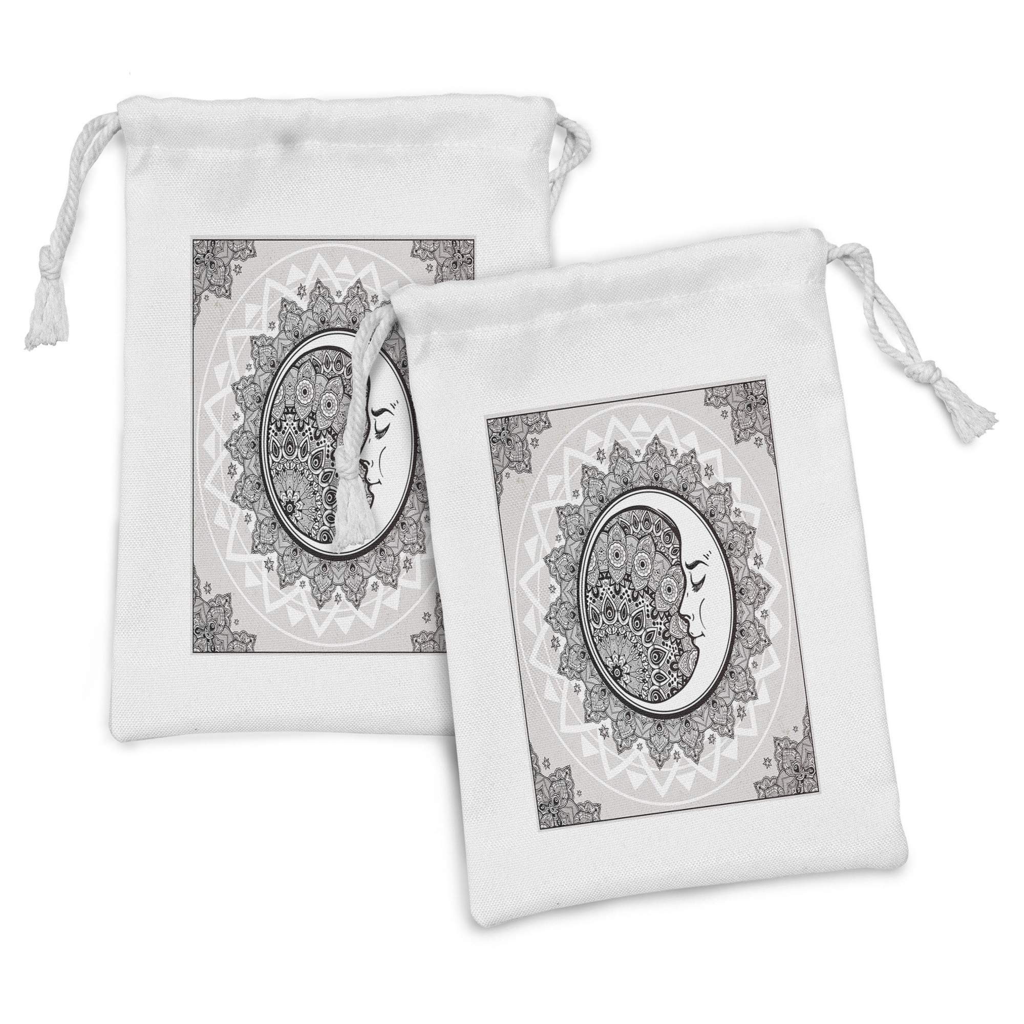 Ambesonne Mystic Fabric Pouch Set of 2 - Ornate Crescent Moon with Stars & Mandala Eastern Design, Small Drawstring Bag for Toiletries, Jewelry, Makeup & Travel Essentials (9
