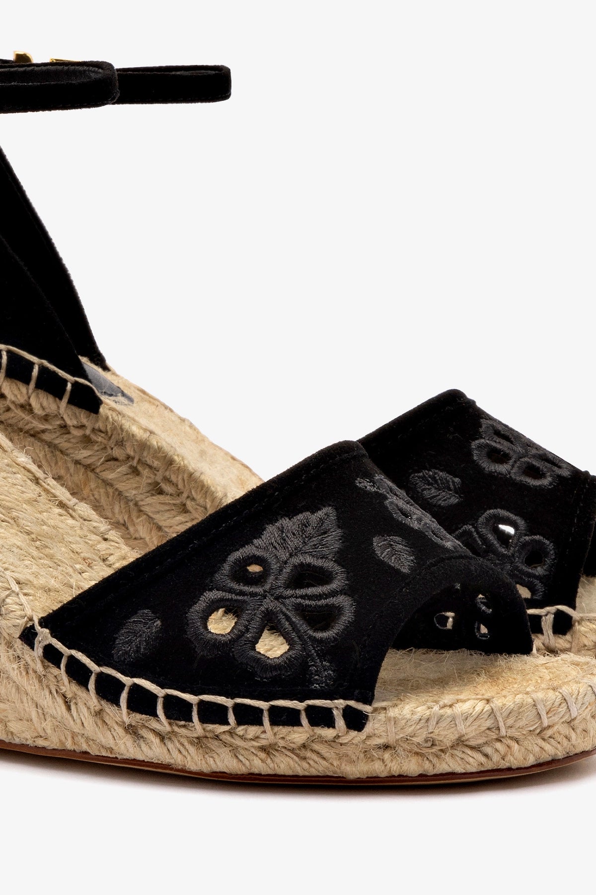 Letizia Black Suede Espadrille Wedge Sandals with Hibiscus Embroidery - Perfect for Summer Weddings & Beach Vacations