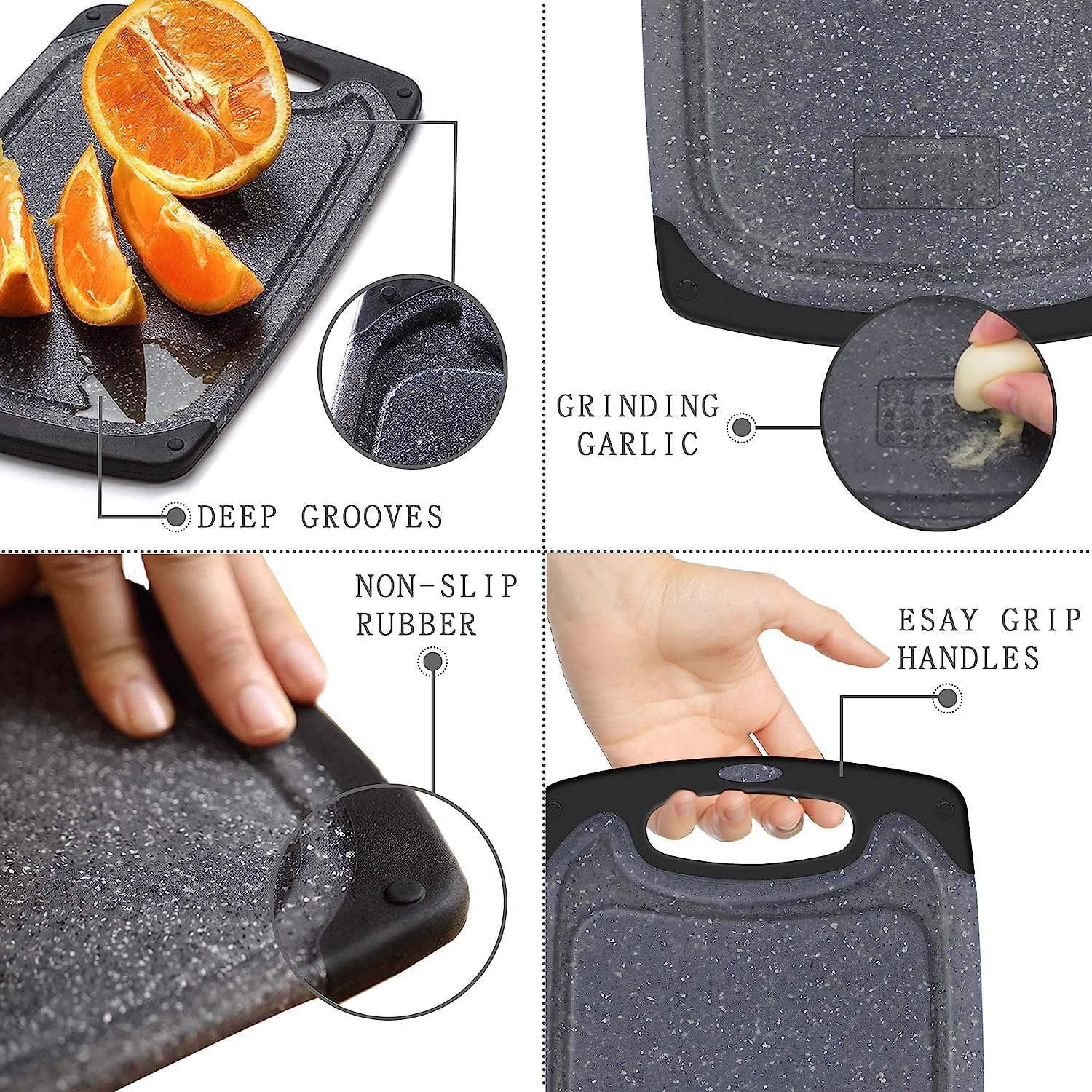 Premium Non-Slip Plastic Cutting Boards Set of 3 - BPA Free, Dishwasher Safe with Juice Grooves & Easy Grip Handle - Ideal for Chopping Vegetables, Meat & Meal Prep - Black (Multiple Sizes)