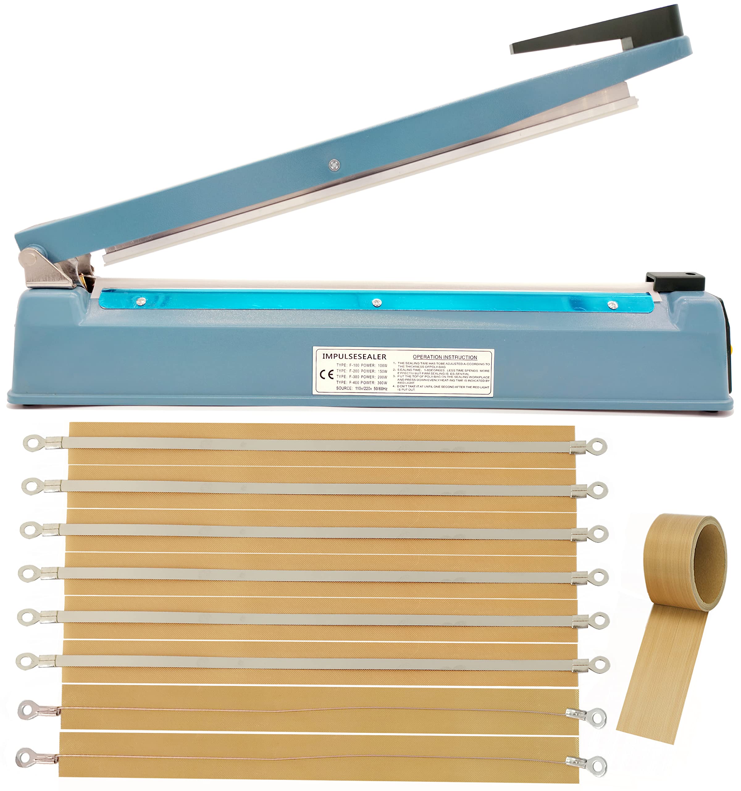 16 Inch Impulse Heat Sealer Machine for Mylar Bags | 110V Manual Plastic/Poly/Cookie Bag Sealer with 8 Replacement Parts & Teflon Cloth Strip (Includes 2 Round Cutter Lines) | Perfect for Food Storage, Coffee Packaging & Small Business Sealing Needs