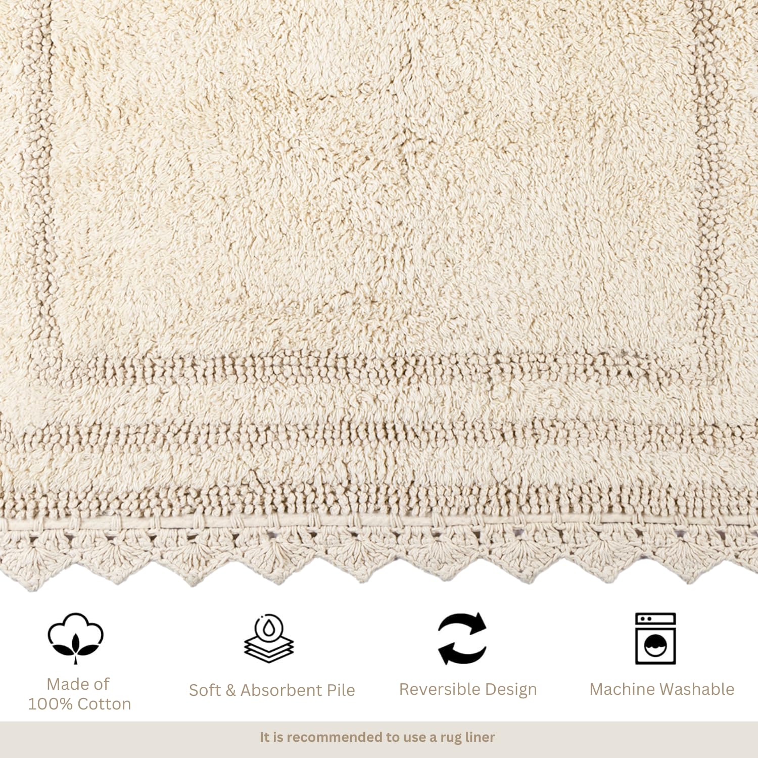 RAJRANG Cotton Crochet Bath Mat - Super Absorbent & Reversible Bathroom Rug for Bathroom, Kitchen, Spa - 24 Inch Square Non-Slip Floor Mat - Perfect for Shower, Bathtub & Vanity Areas