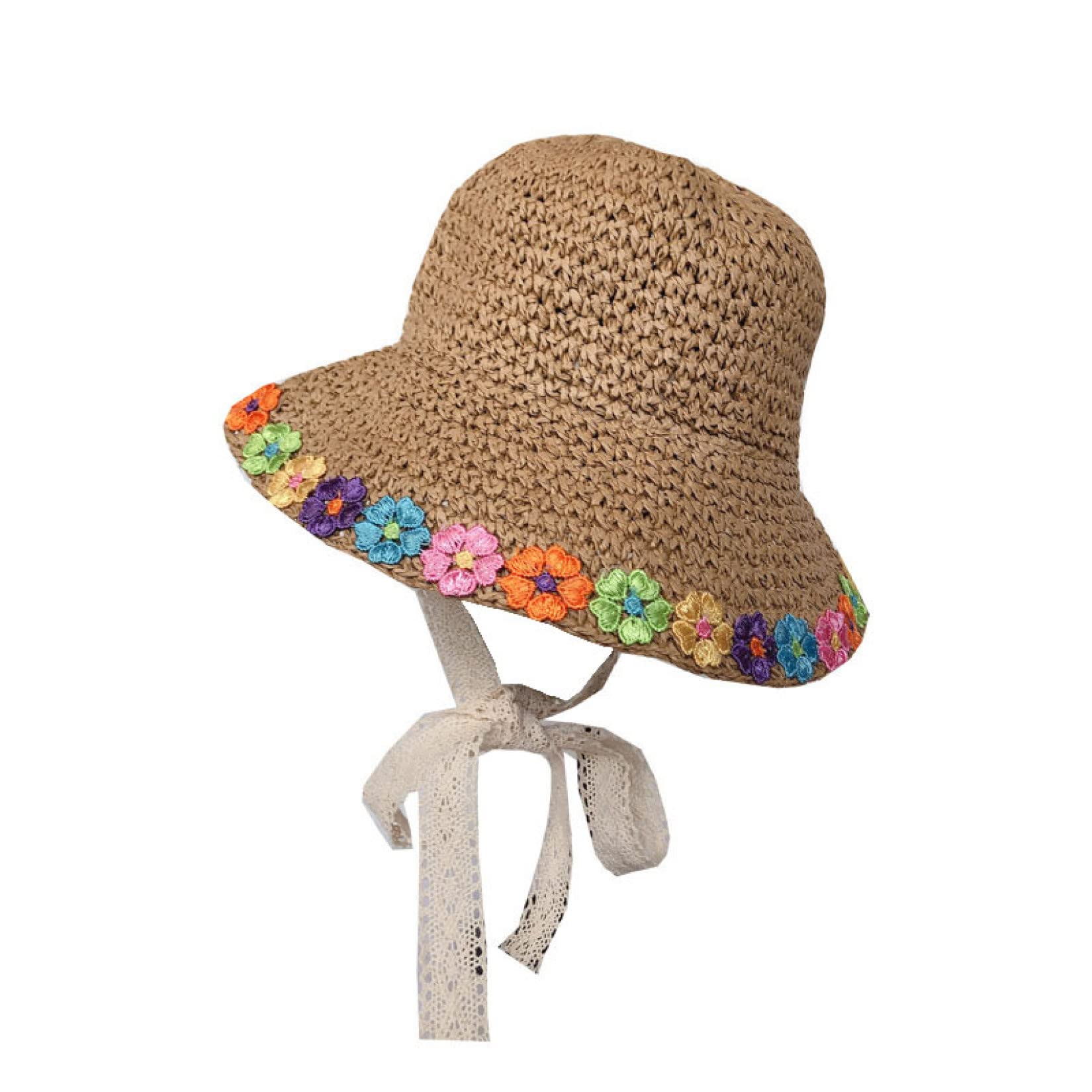 Kids Straw Bucket Hats with Lace Chin Strap & Floral Design - Breathable Wide Brim Summer Beach Hat for Sun Protection - Perfect for Outdoor Play, Vacations, and Pool Parties