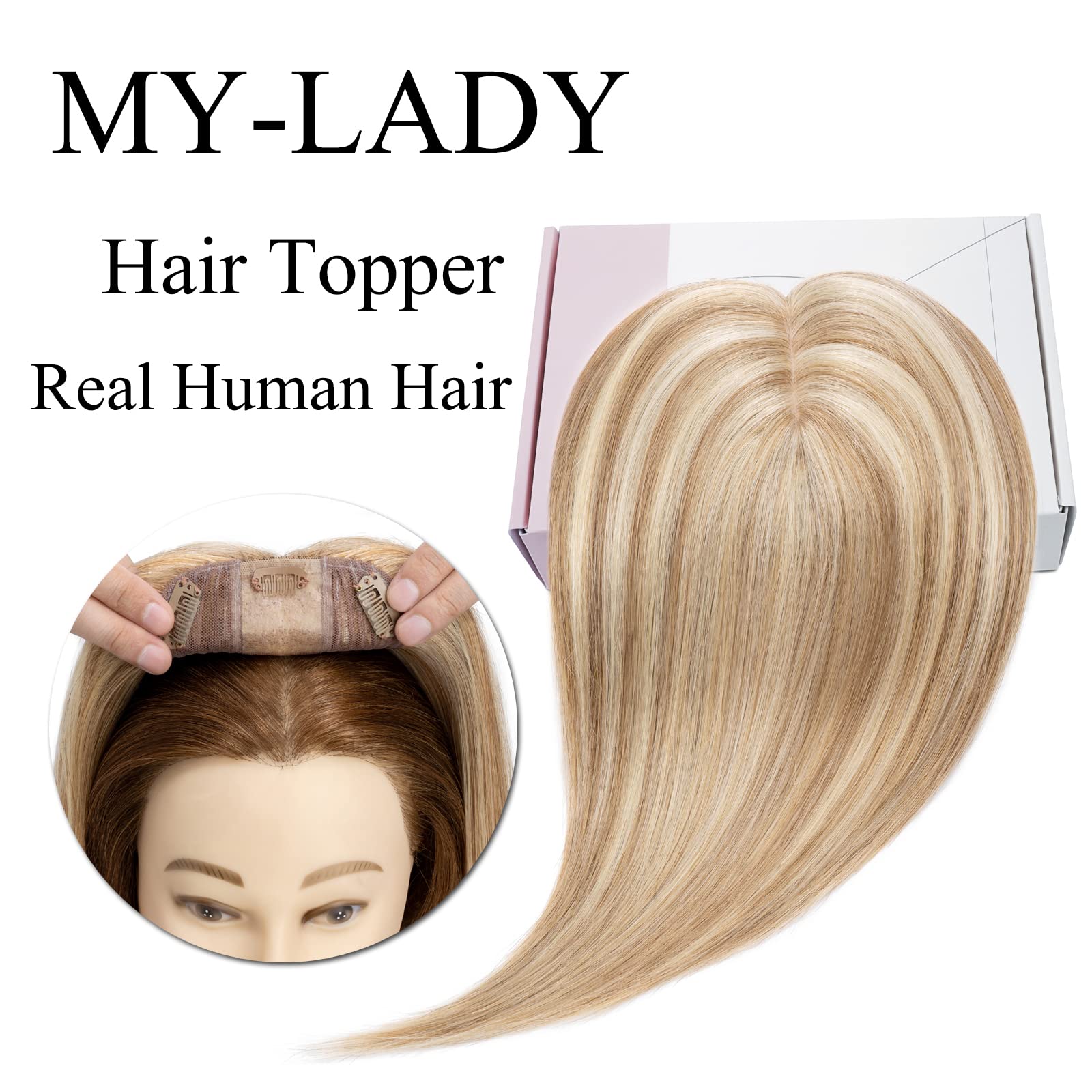 MY-LADY Human Hair Toppers for Women - 10x12cm Silk Base Hairpiece for Thinning Hair - 130% Density Clip-in Remy Hair Topper No Bangs - 10 Inch #12/613 Golden Brown & Bleach Blonde - Perfect for Daily Wear, Parties & Special Occasions