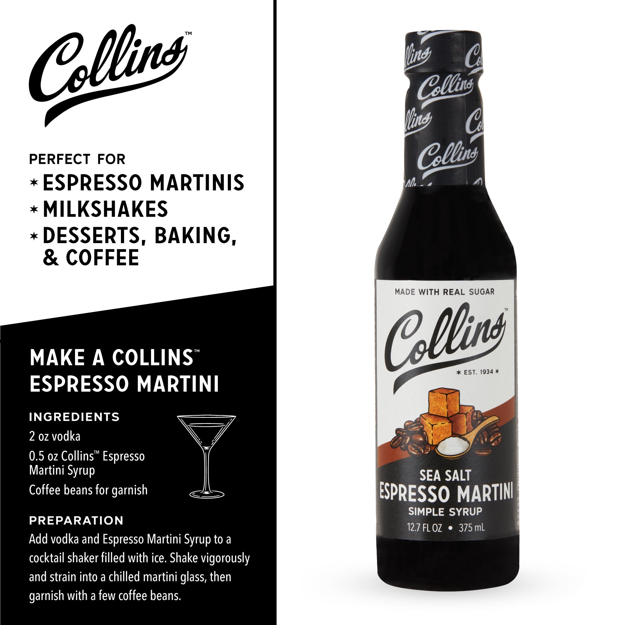 Premium Sea Salt Espresso Martini Syrup - 12.7 oz (375ml) Cocktail Mixer for Home Bars, Coffee Shops & Parties - Rich Coffee Flavor with Subtle Saltiness