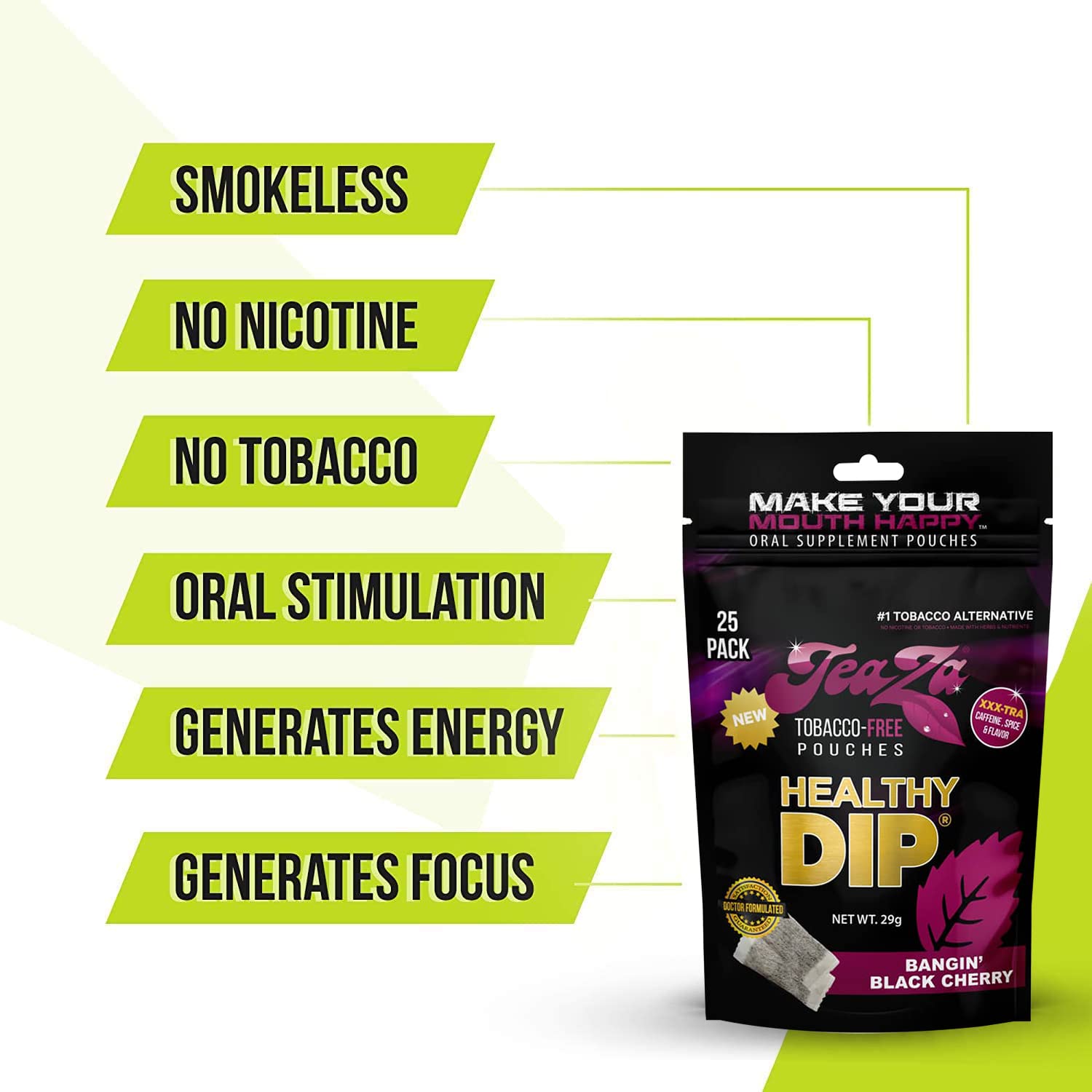 TeaZa Herbal Energy Pouch - Tobacco Free Alternative | 2 x 25 Pouch Pack | Peppermint & Black Cherry Flavors | Natural Energy Boost for Workouts, Travel & Focus