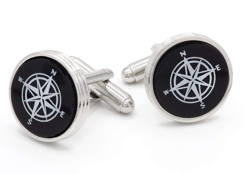 JJ Weston Compass Rose Engraved Onyx Cufflinks - Handcrafted in USA - Perfect for Groomsmen Gifts & Formal Occasions