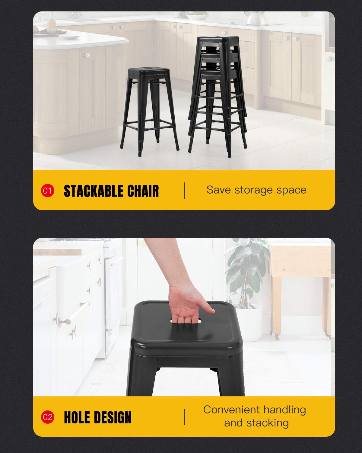 FDW Industrial Metal Bar Stools Set of 4 - 24