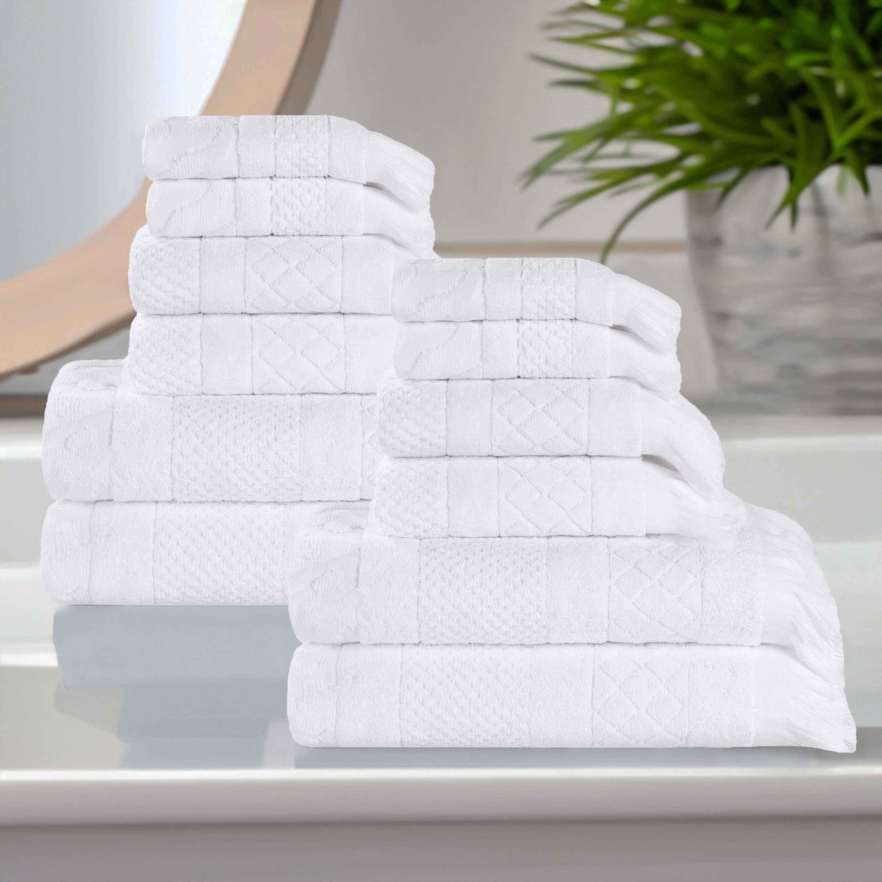 Rolla Cotton Geometric Jacquard Plush Soft Absorbent 12-Piece Bath Towel Set | Luxury Bath & Spa, Guest Bathroom Essentials