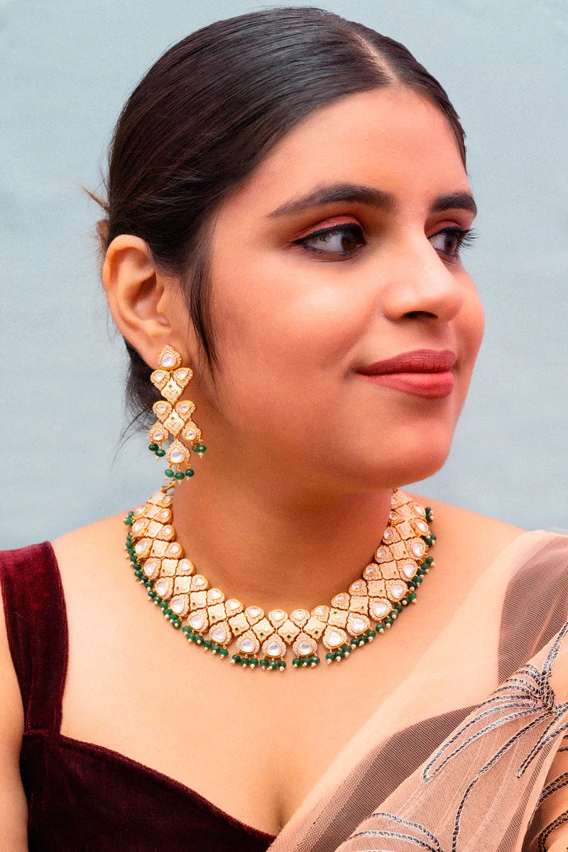 Luxury Gold Plated Royal Kundan Necklace and Earrings Set for Women - Indian Bridal Jewelry, Wedding Party Accessories, Ethnic Fashion Statement