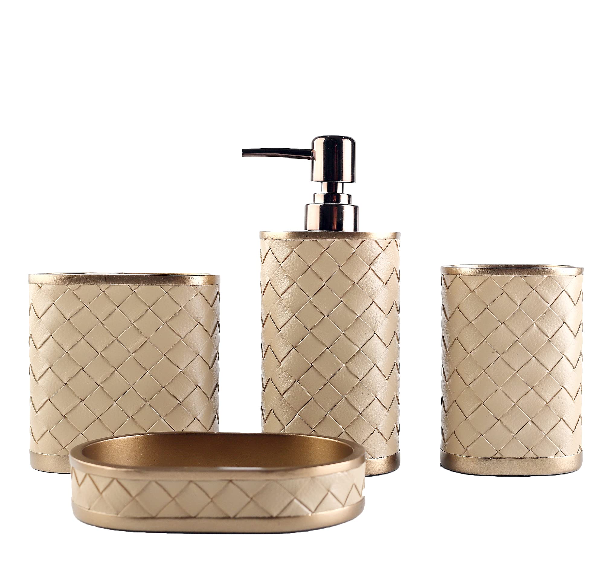 Farmhouse Bathroom Accessories Set - 4 Piece Resin Toothbrush Holder, Soap Dispenser, Soap Dish & Tumbler Gift Set | Rustic Apartment Decor Essentials for Modern Bathrooms