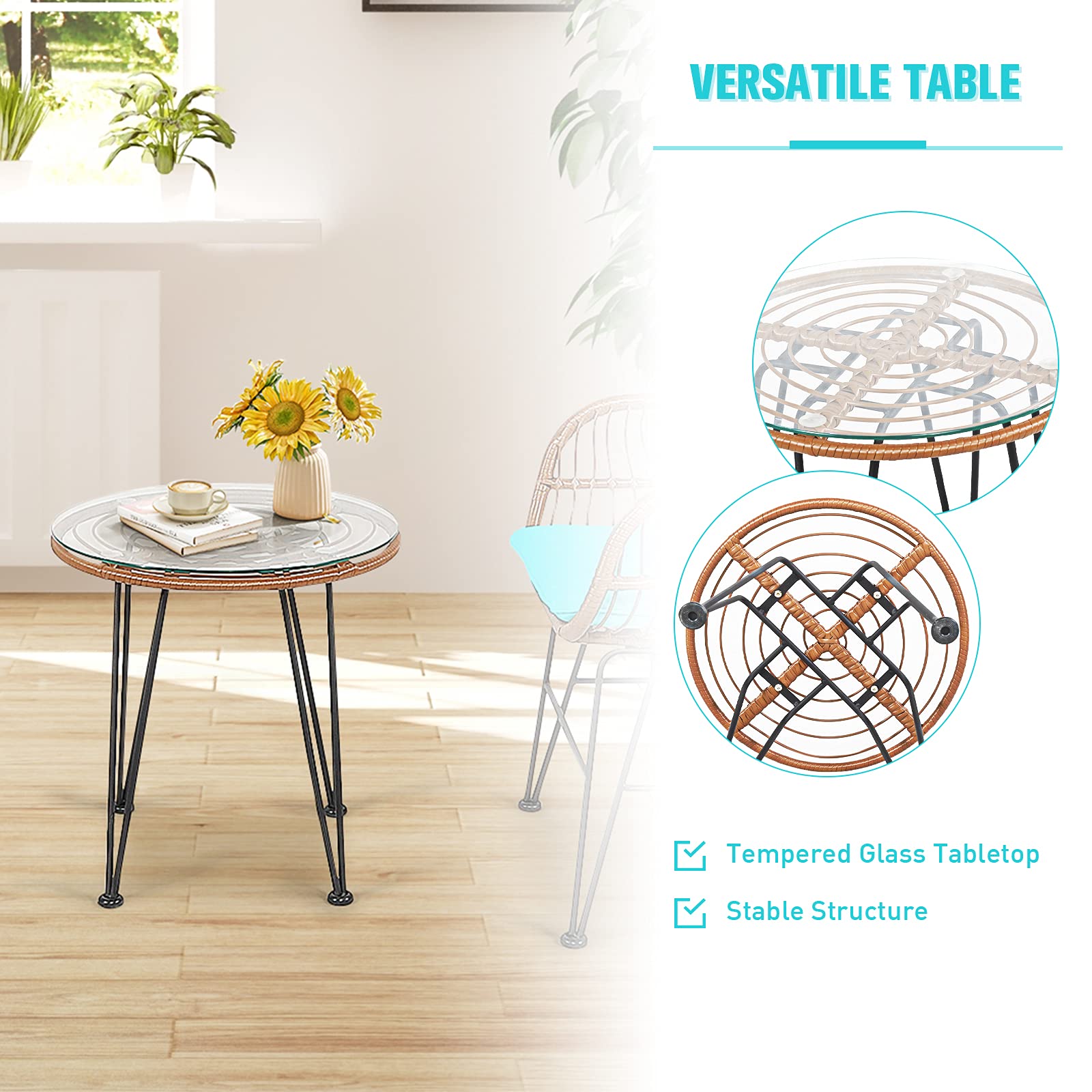 RELAX4LIFE 3-Piece Outdoor Rattan Bistro Set with Tempered Glass Table & 2 Armchairs - Patio, Porch, Garden Furniture for Relaxing, Entertaining & Dining (Turquoise)