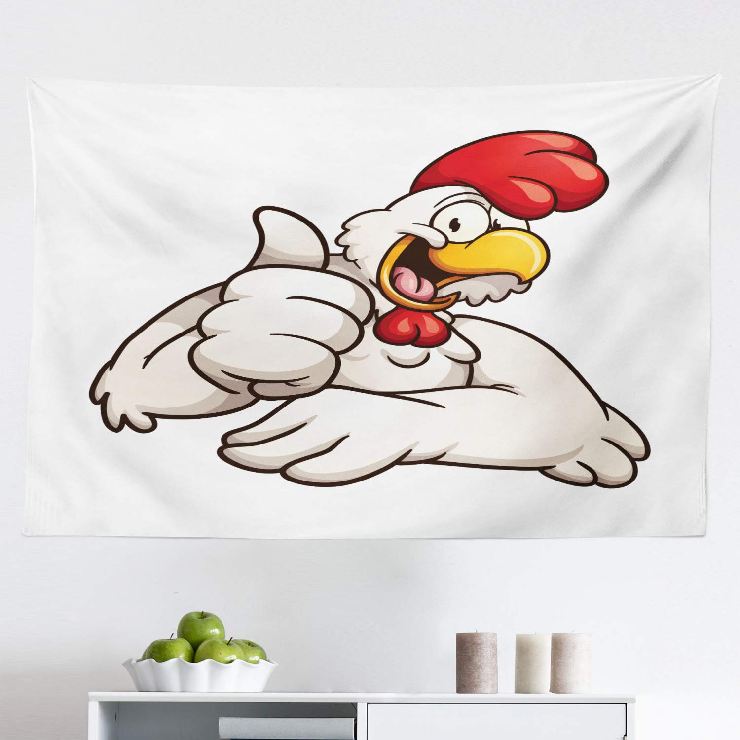 Ambesonne Smile Tapestry - Funny Cartoon Chicken Giving Thumbs Up Wall Art Decor for Bedroom, Living Room, Dorm (45x30 Inches, White Vermilion Eggshell) - Perfect for Home Decor, Party Backdrops & Photo Booths