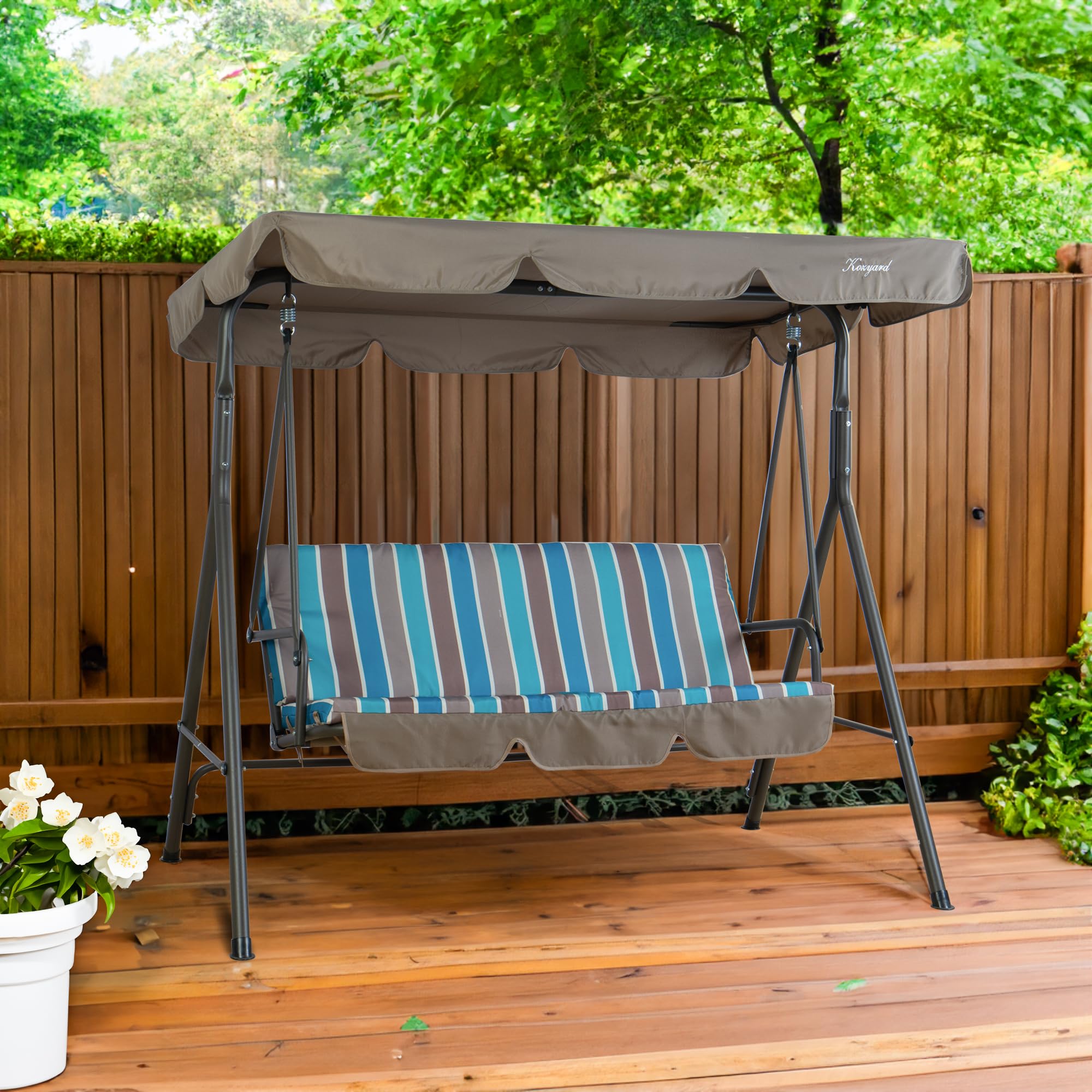 Kozyard Alicia Patio Swing Chair with 3 Cushions - Heavy Duty Steel Frame, Adjustable Canopy & Removable Cushions - Outdoor Hanging Chair for Garden, Poolside, Balcony & Backyard Relaxation (Blue Stripe)