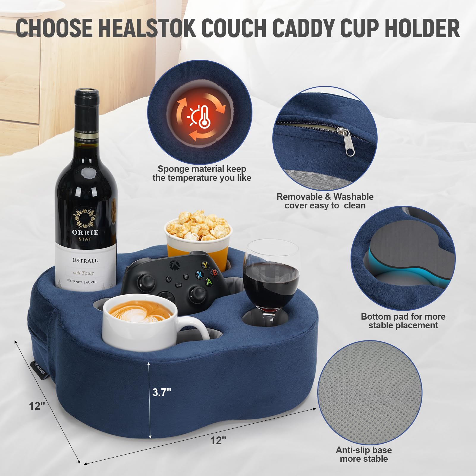 Universal Couch Cup Holder Pillow - Sofa & Bed Organizer Caddy for Drinks, Remote Controls, Phones & Snacks - Navy Blue - Perfect for Movie Nights & Relaxing at Home