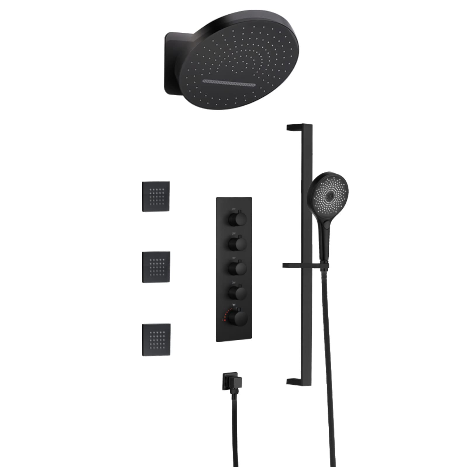 Thermostatic Shower System Set - 4 Function Mixer Tap Valve with Rainfall Shower Head, Handheld Spray & 3 Body Jets - Wall Mounted Complete Combo with Slide Bar for Luxurious Bathroom Experience - Perfect for Master Bath, Spa Retreat & Modern Home Renovation