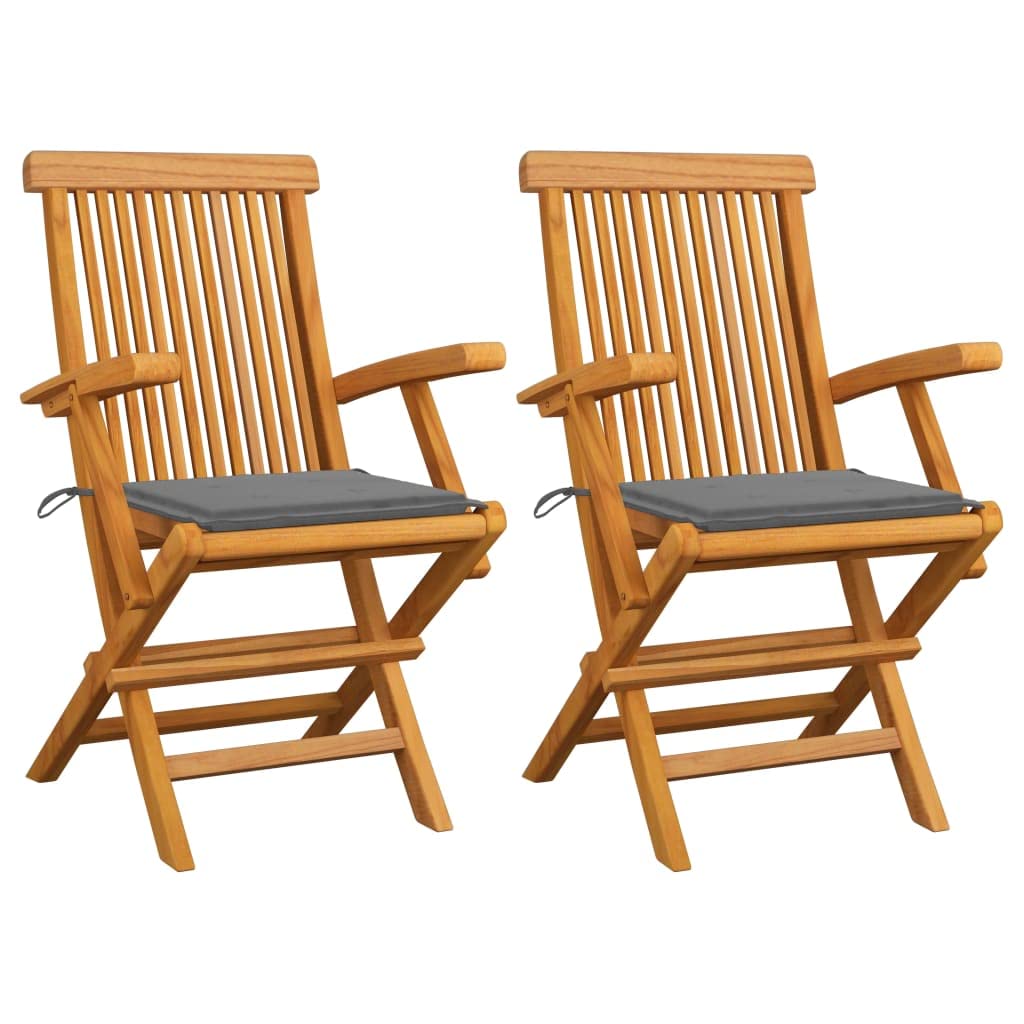 Premium Outdoor Dining Chairs Set of 2 - Solid Teak Wood Patio Chairs with Gray Cushions & Armrests for Garden, Backyard, Poolside - Weather-Resistant Comfortable Seating for BBQ, Parties & Relaxation