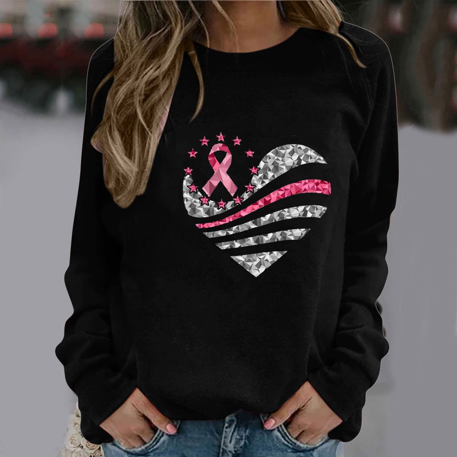Women's Pink Ribbon Breast Cancer Awareness Sweatshirt - Stylish Heart Graphic Pullover, Long Sleeve Lightweight Outwear for Survivors & Supporters | Perfect for Fundraisers, Walks & Everyday Wear