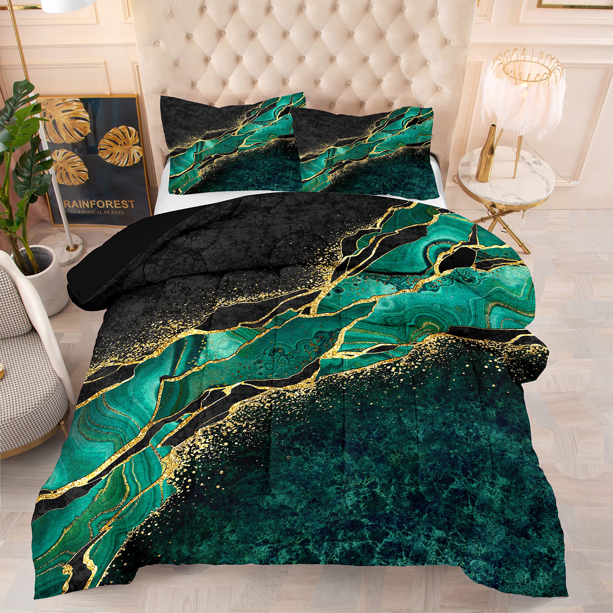 King Size Comforter Set - Green Ripple Print & Gold Marble Bedding with 1 Comforter & 2 Pillowcases | Luxury Bed Set for Women & Girls | Perfect for Master Bedroom, Guest Room & Dorm Decor