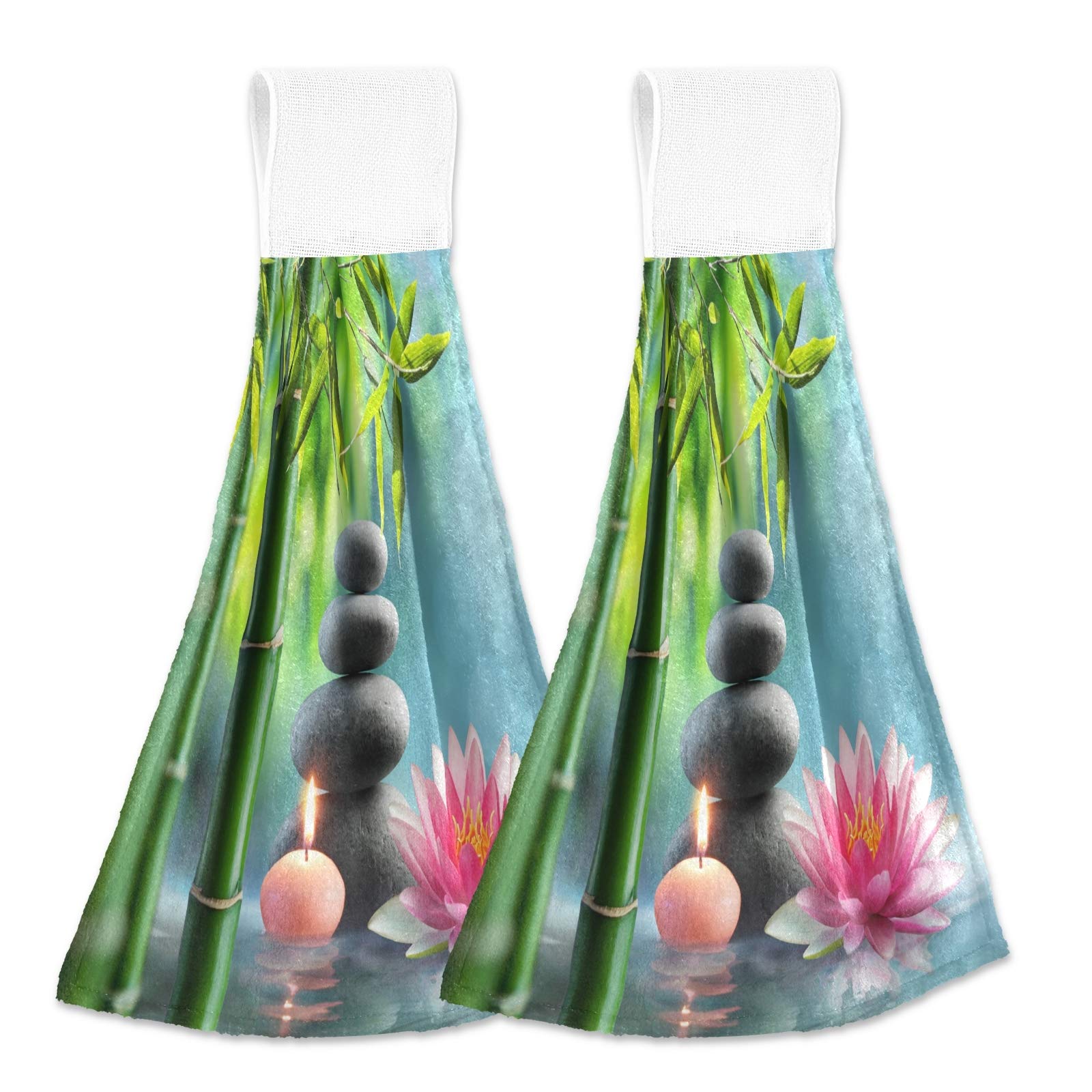 Natural Spa Zen Stones Hand Towels - 2 Pack Green Bamboo Lotus Hanging Kitchen & Bathroom Towels | Absorbent Washcloths for Dishes, Spa, Yoga & Meditation Spaces
