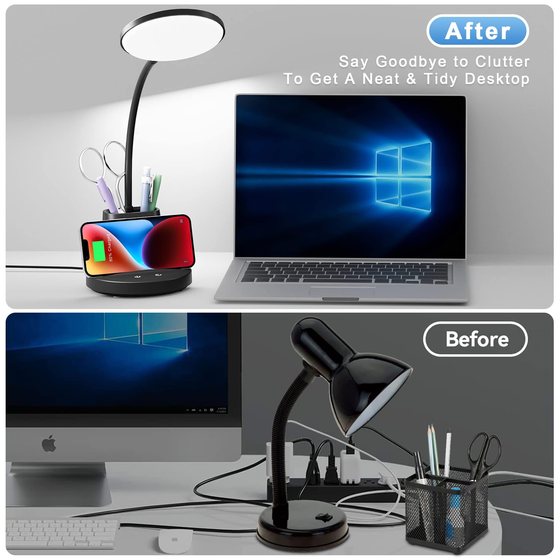 Sailstar LED Desk Lamp with Wireless Charger & Pen Holder - 800 Lumens, 3 Modes Dimmable Gooseneck Touch Light for Home Office, College Dorm Room - Perfect for Studying, Reading & Nightstand Use (Black)