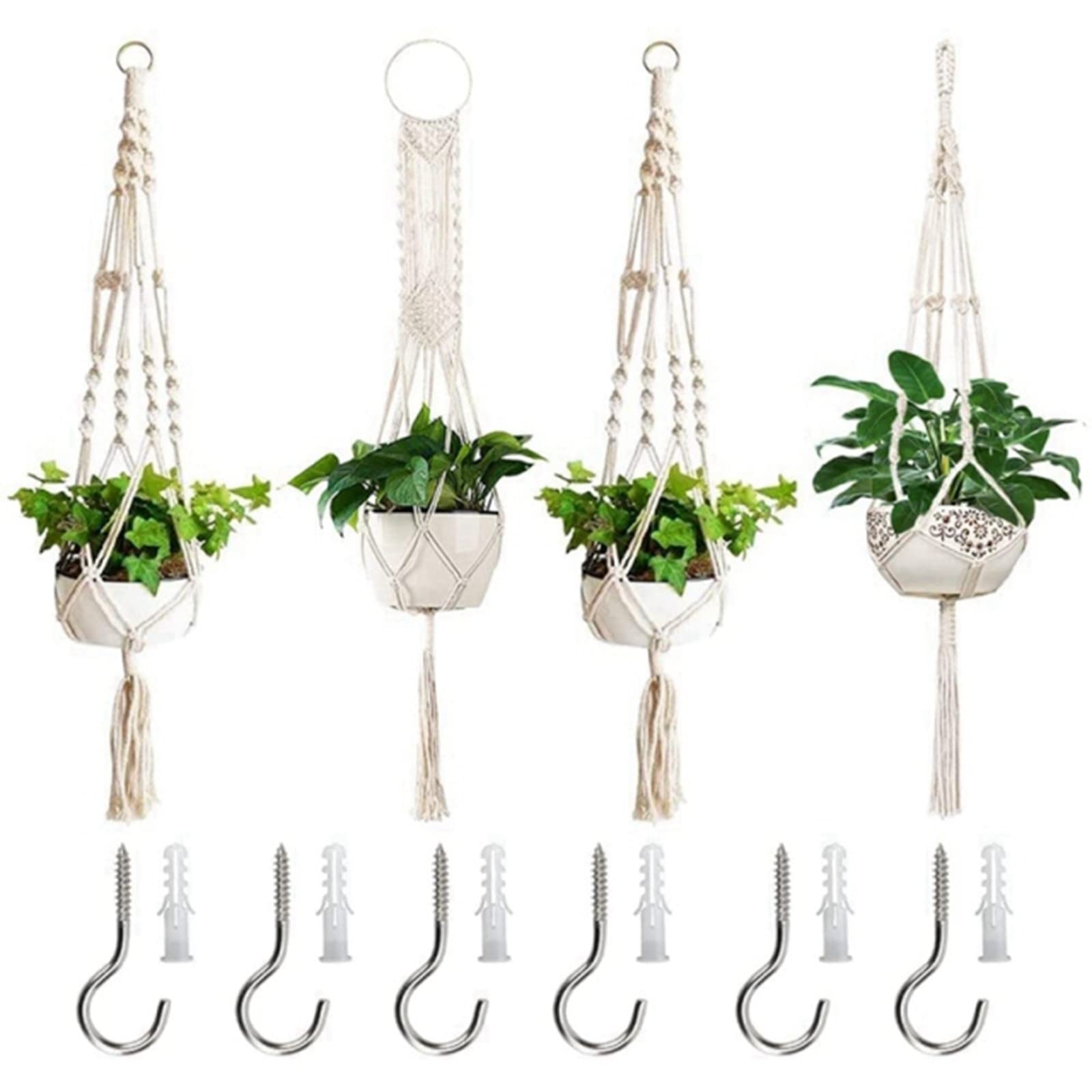 YIISU 4-Piece Cotton Twisted Rope Hanging Plant Basket Set - Woven Flower Pot Net Bags for Indoor/Outdoor Decor, Wall Mounted or Ceiling Hanging Planters - Perfect for Home, Garden, Patio and Balcony Decorations