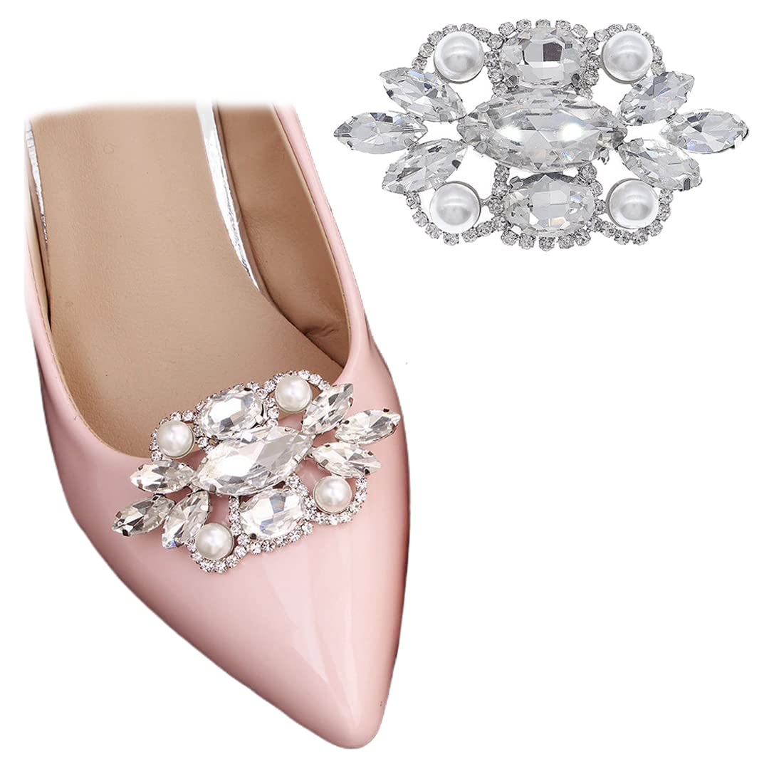 2 Pcs Clear Rhinestone Pearls Shoe Clips - Detachable Metal Buckle Decor for Wedding High Heels, Pumps & Flats | Elegant Shoe Accessories for Bridal, Prom & Special Occasions