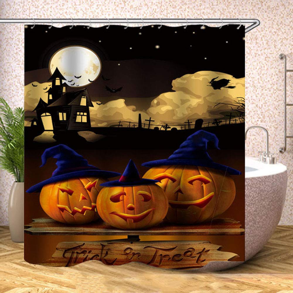 Halloween Pumpkin & Bat Printed Polyester Shower Curtain - Black & Orange Gothic Castle Design Bathroom Decor with Hooks Set (0362) - Perfect for Spooky Bathroom Makeovers & Halloween Party Decorations