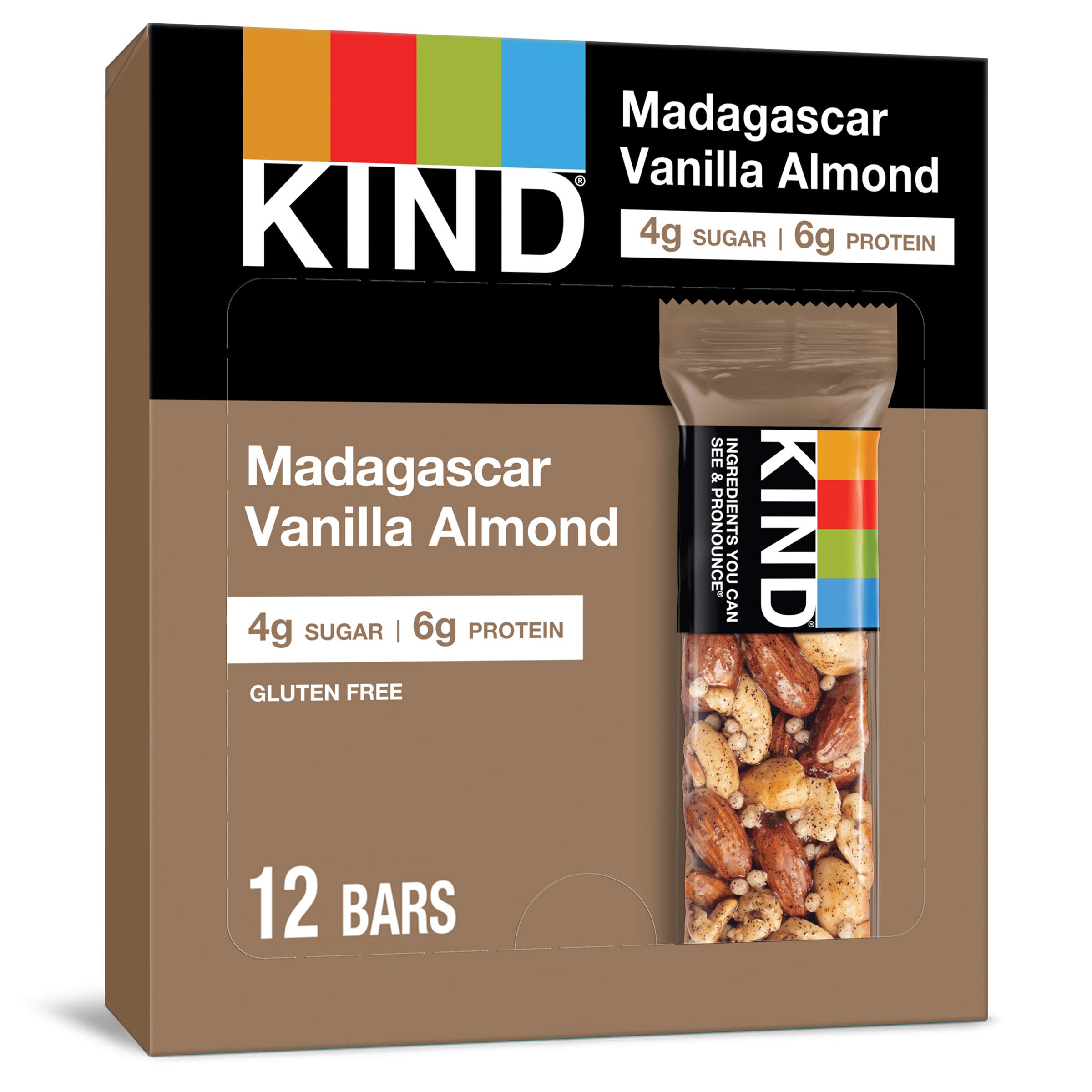 KIND Nut Bars, Madagascar Vanilla Almond - Gluten Free Healthy Snacks, Low Sugar, 6g Protein (12 Count) | Perfect for On-the-Go Breakfast, Office Snacks & Post-Workout Energy