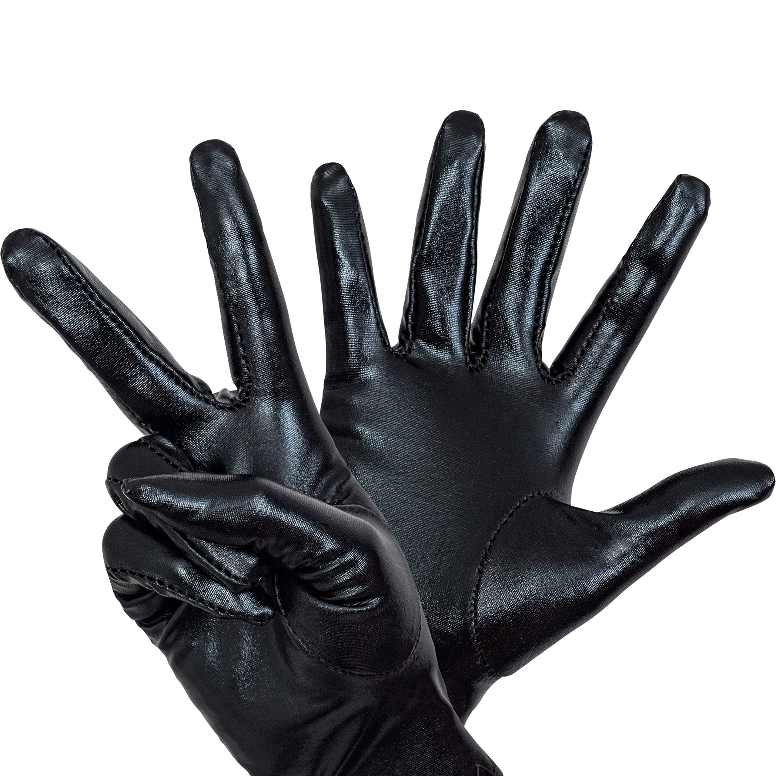 Skeleteen Metallic Black Costume Gloves - Shiny Superhero Evening Dress Gloves for Men, Women & Kids - Perfect for Cosplay, Halloween, Parties & Themed Events