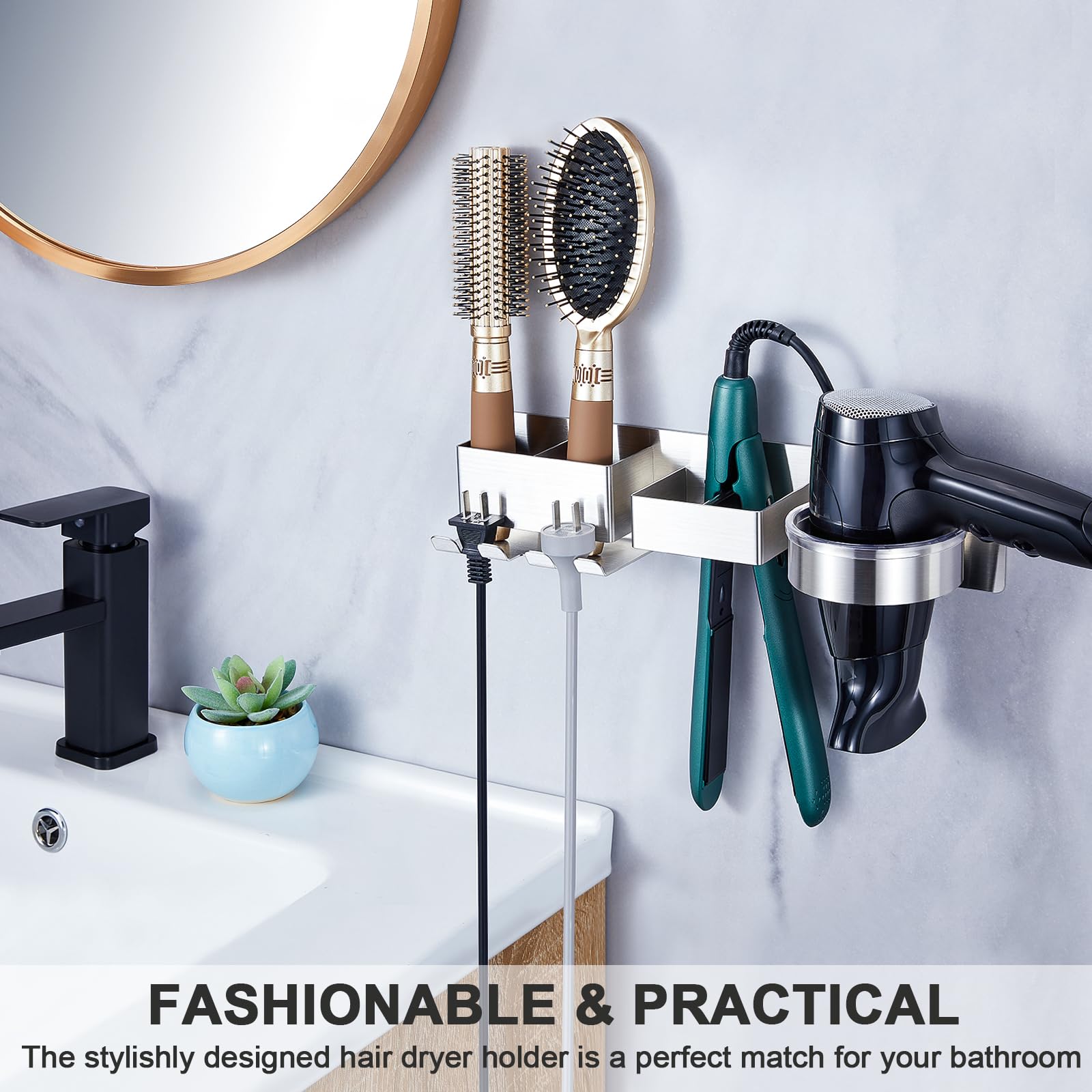 Wall Mounted Hair Straightener & Blow Dryer Holder - Stainless Steel Hair Tool Organizer with Adhesive & Plug Hook - Perfect for Bathroom, Salon & Home Hair Styling Storage