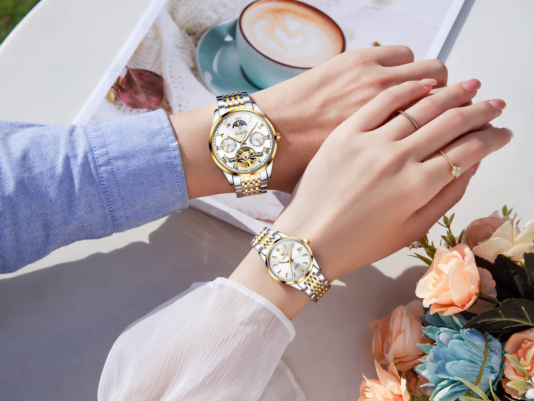 OLEVS Automatic Mechanical Self-Winding Couple Watches Set - Matching His & Hers Dress Watches for Anniversary, Wedding & Valentine's Day Gifts - Perfect for Formal Events, Date Nights & Special Occasions