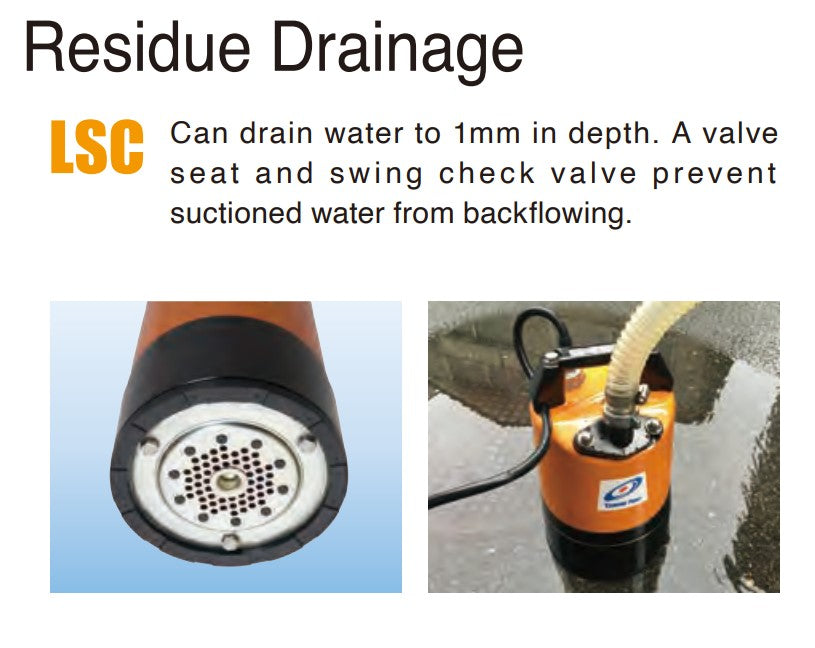 Tsurumi LSC1.4S 0.48kW Single Phase Portable Submersible Drainage Pump with Swing Check Valve - 168LPM Max Flow, 110kPa Pressure - Ideal for Basement Flooding, Construction Sites & Pool Drainage