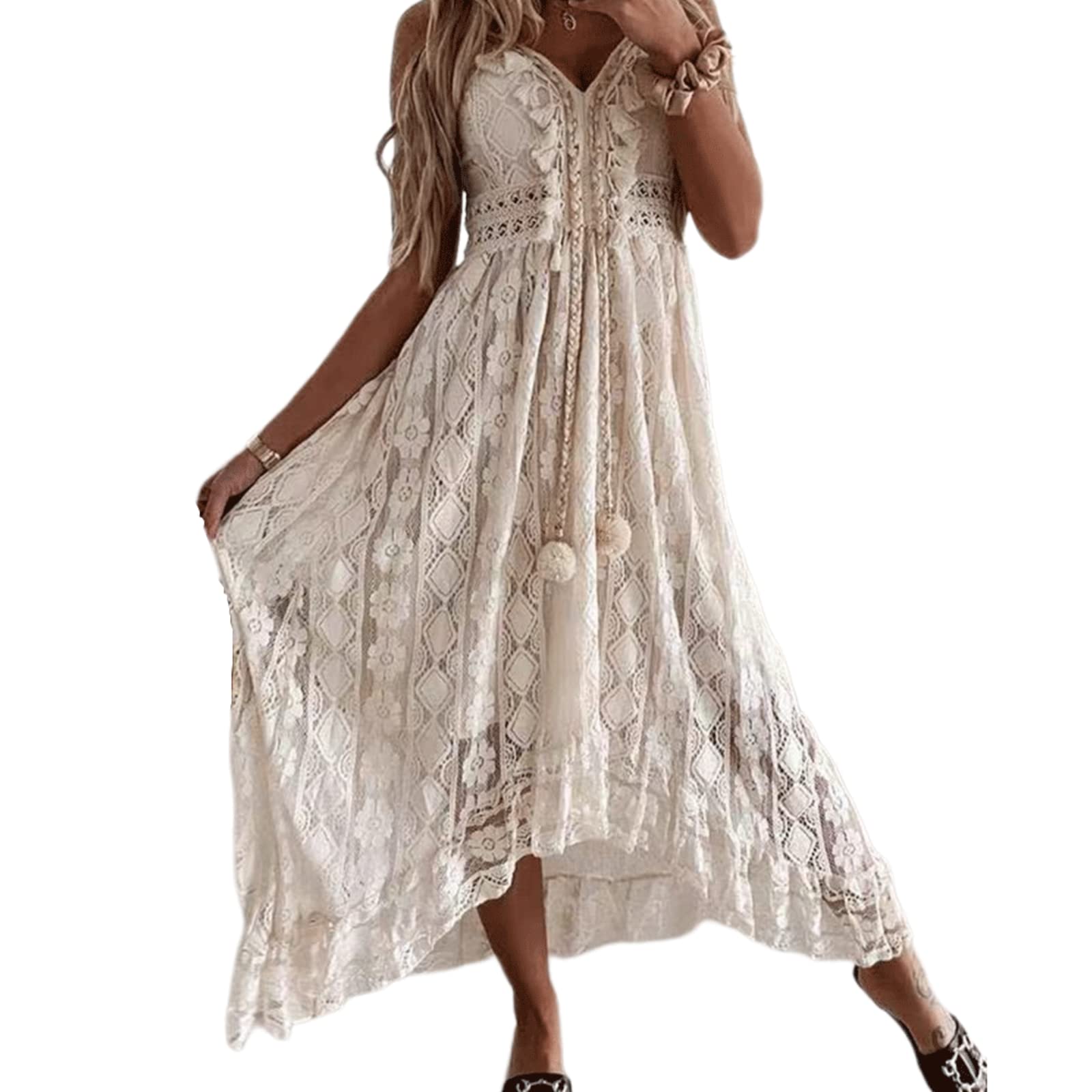 Women's White Lace Summer Dress - Sexy V-Neck Sleeveless Slip Dress & Short Sleeve Long Shirt for Beach, Vacation, Date Night and Casual Wear