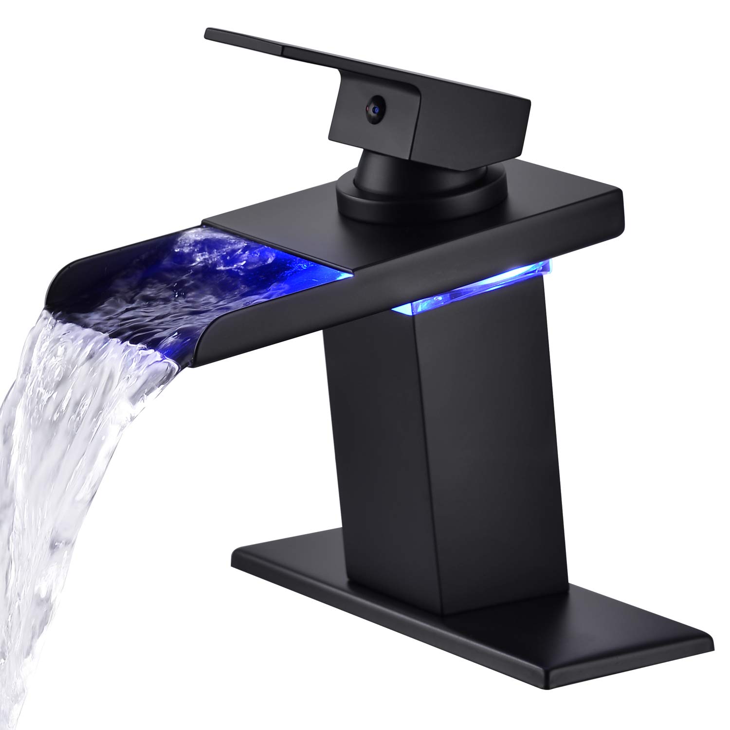 Mekoly Matte Black LED Bathroom Sink Faucet - 3 Color Changing Waterfall Single Handle Deck Mounted Hot & Cold Water Mixer Tap for Modern Bathroom Vanity and Spa Style Sink Upgrade