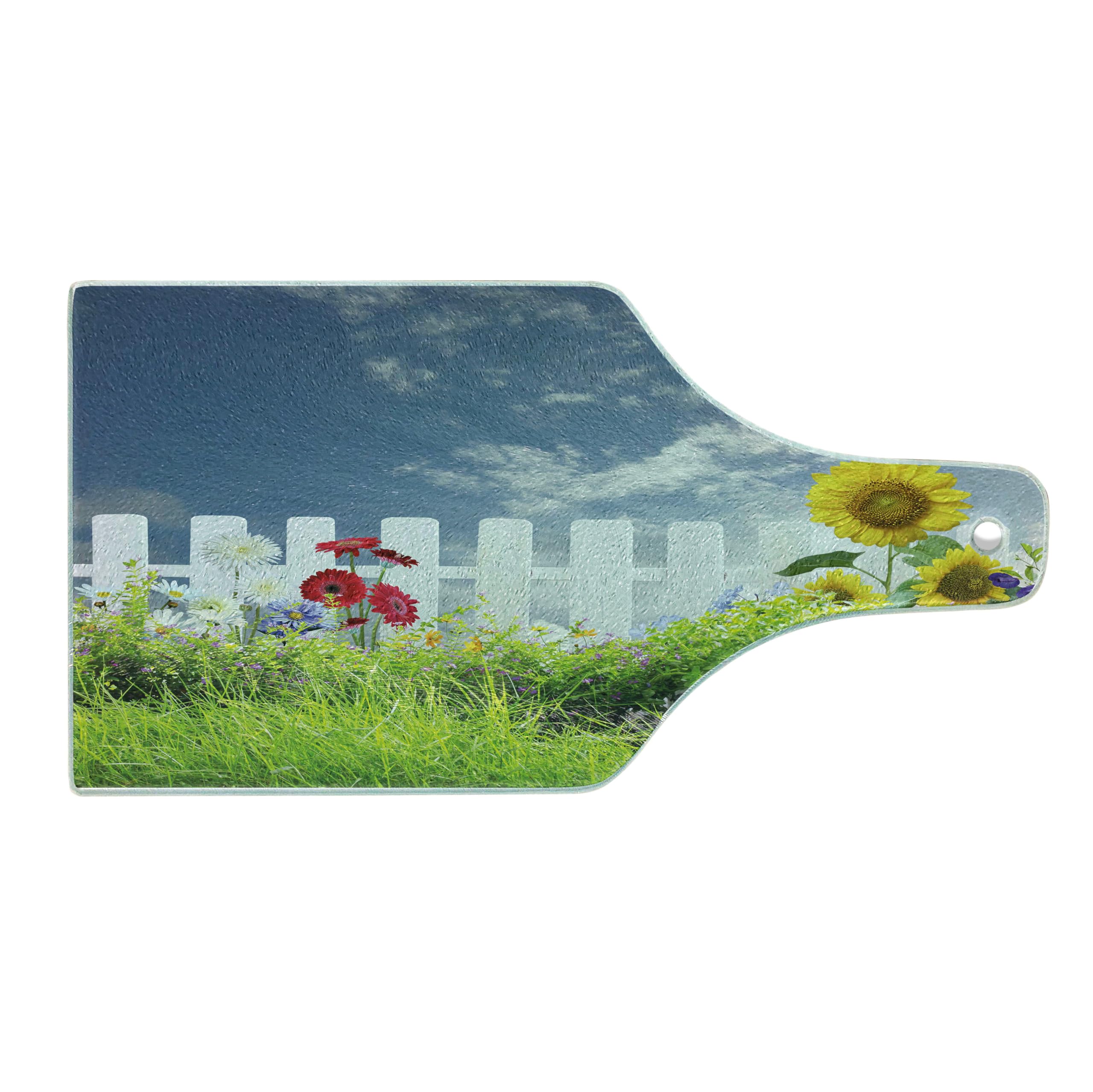 Ambesonne Rustic Cutting Board - Sunflower Daisy Hedge Fence Design on Tempered Glass, Decorative Serving Board for Kitchen, Charcuterie & Wine (Wine Bottle Shape, White Green Blue) - Perfect for Farmhouse Decor, Cheese Platters & Entertaining