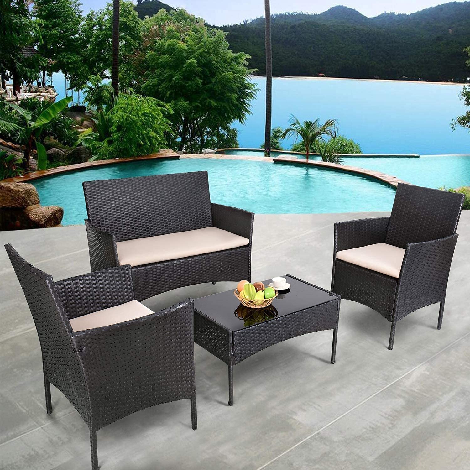 ZAZA 4-Piece Outdoor Patio Rattan Furniture Set with Cushions - Wicker Sofa & Coffee Table for Balcony, Garden, or Indoor Use - Black & Beige - Perfect for Relaxing, Entertaining, and Outdoor Dining