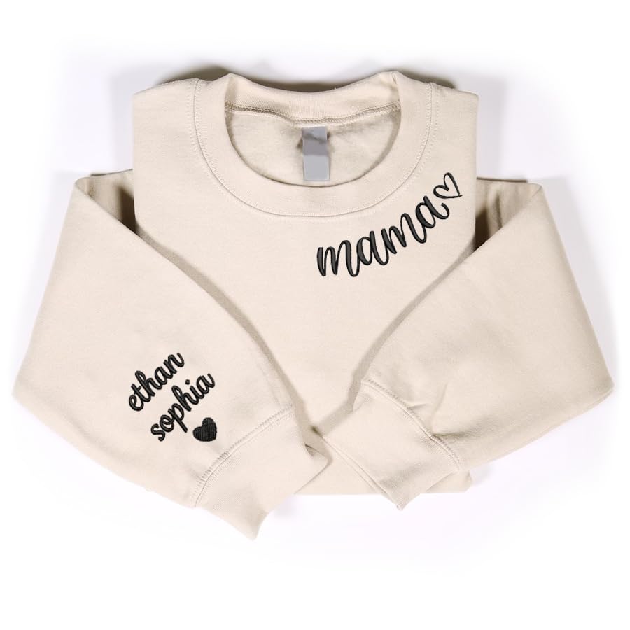 Custom Embroidered Sweatshirt with Baby/Kids/Grandkids Name on Sleeve - Personalized Gift for Mom, Mama & Grandma - IZI POD Embroidery Shirt for Family Photos, Holidays & Special Occasions