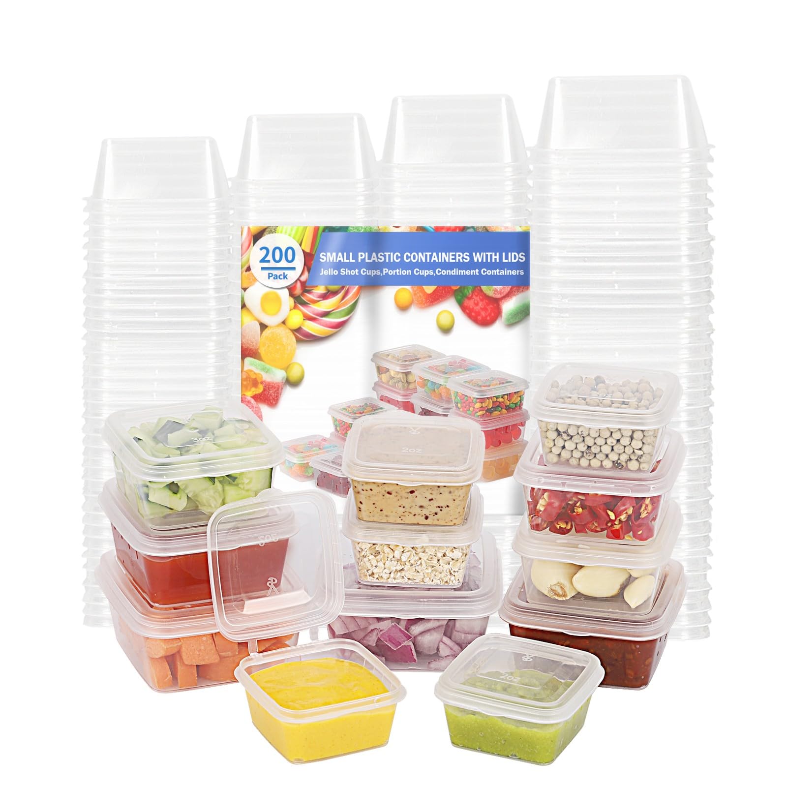 2/3/4/5oz Square Plastic Food Storage Containers with Lids - 200 Pack Disposable Portion Cups for Condiments, Jello Shots, Sauces, Meal Prep & Party Serving - BPA Free Small Containers for Kitchen, Restaurant & Catering Use