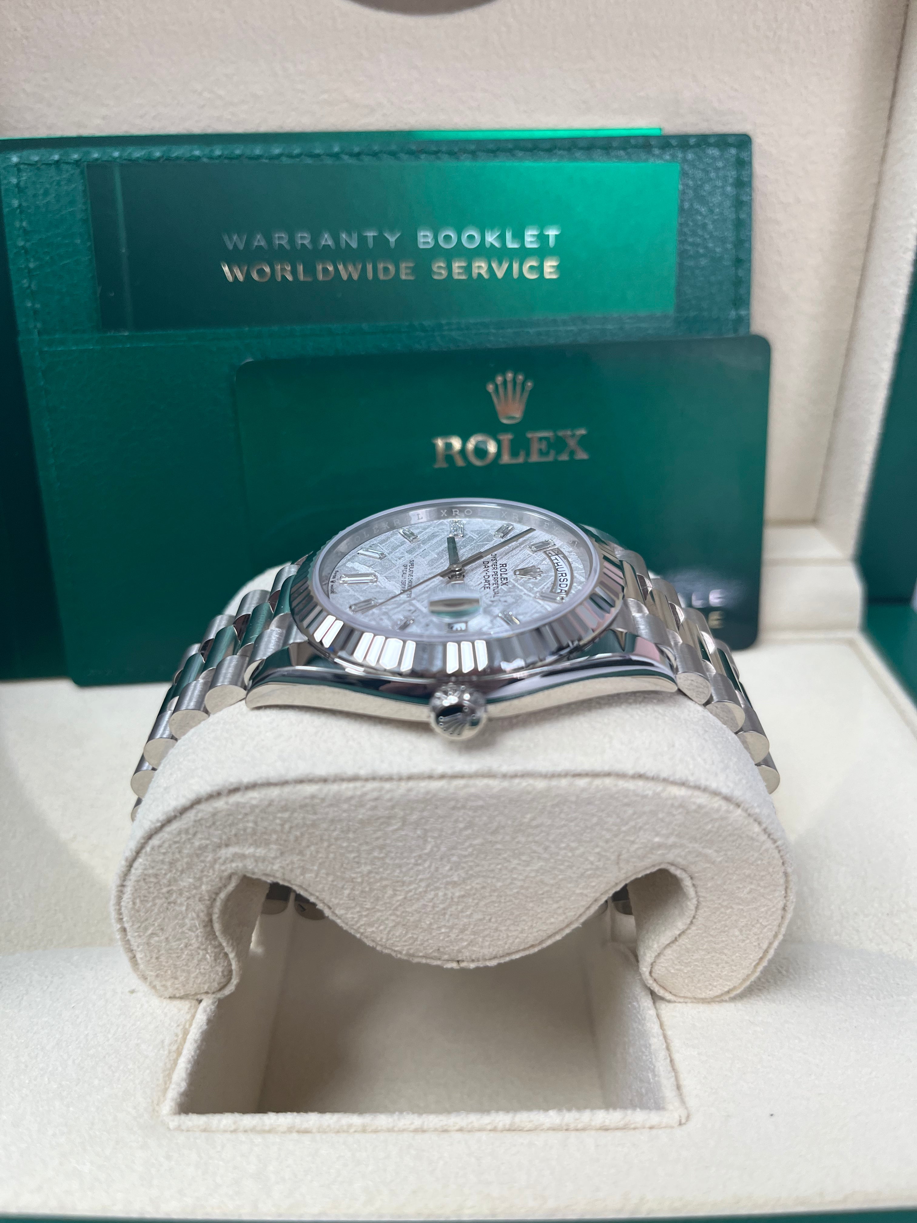 Rolex Day-Date 40mm Men's Watch - Meteorite Baguette Diamond Dial, White Gold Fluted Bezel, Ref. 228239 | Luxury Dress Watch for Business & Formal Occasions