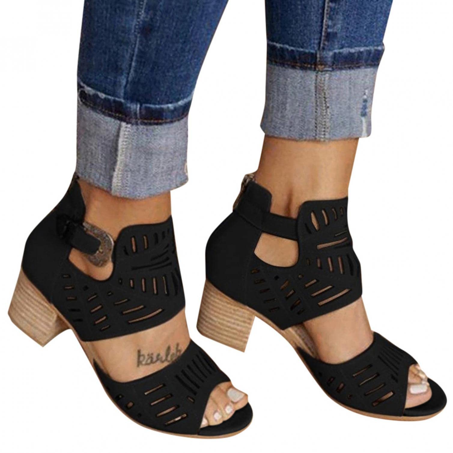 Stylish Black High Heel Sandals for Women - Open Toe Buckle Ankle Strap Dressy Chunky Heels - Summer Beach Party & Wedding Dress Pumps - Perfect for Date Night, Cocktail Events & Formal Occasions (Style C-01)