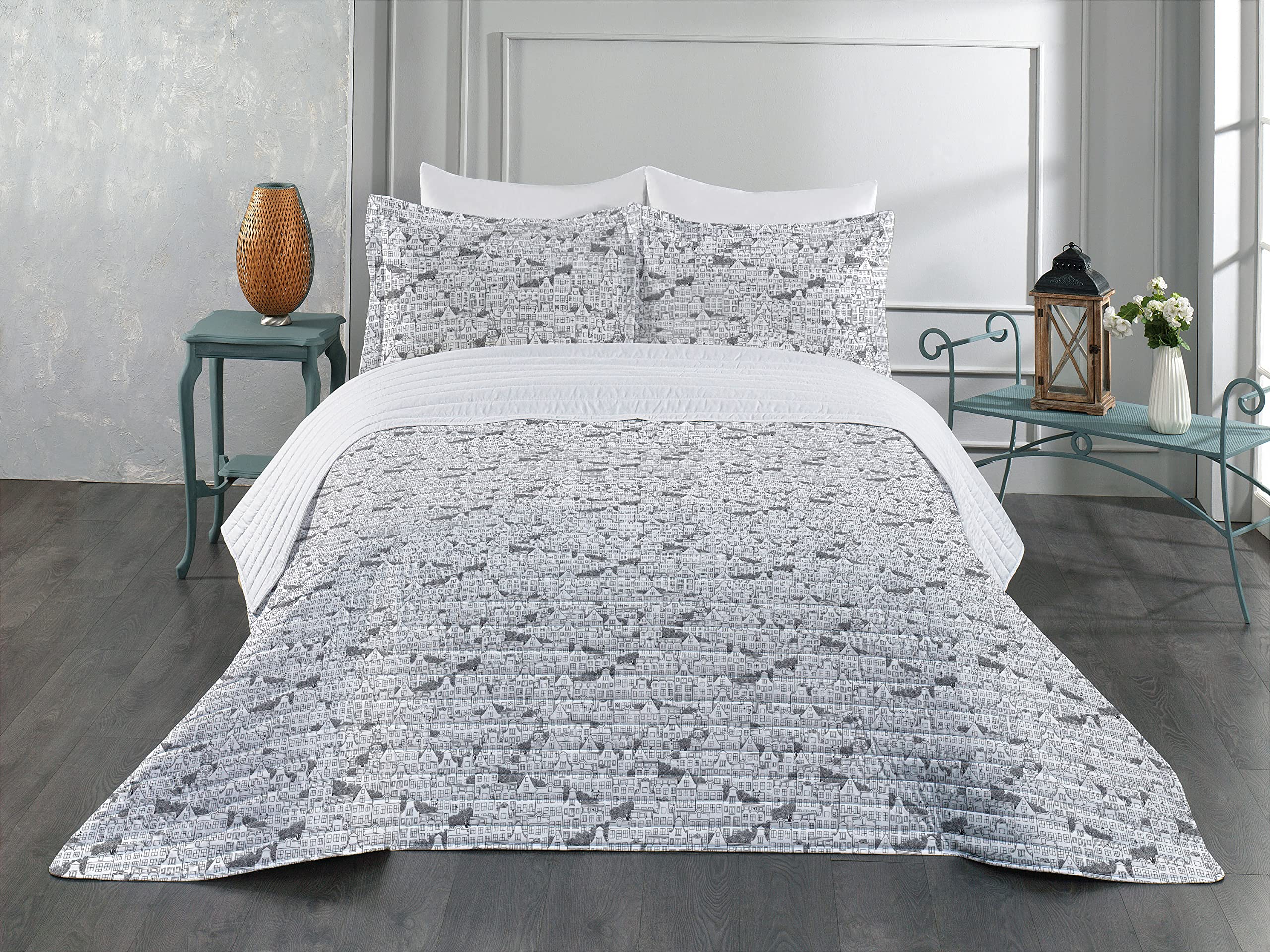 Ambesonne Urban Microfiber Bedspread Set - Modern Dutch Style European Cityscape Design, Soft King Size Bedding with Pillow Shams & Comforter in Black & White | Perfect for Contemporary Bedrooms, Guest Rooms & Urban Home Decor