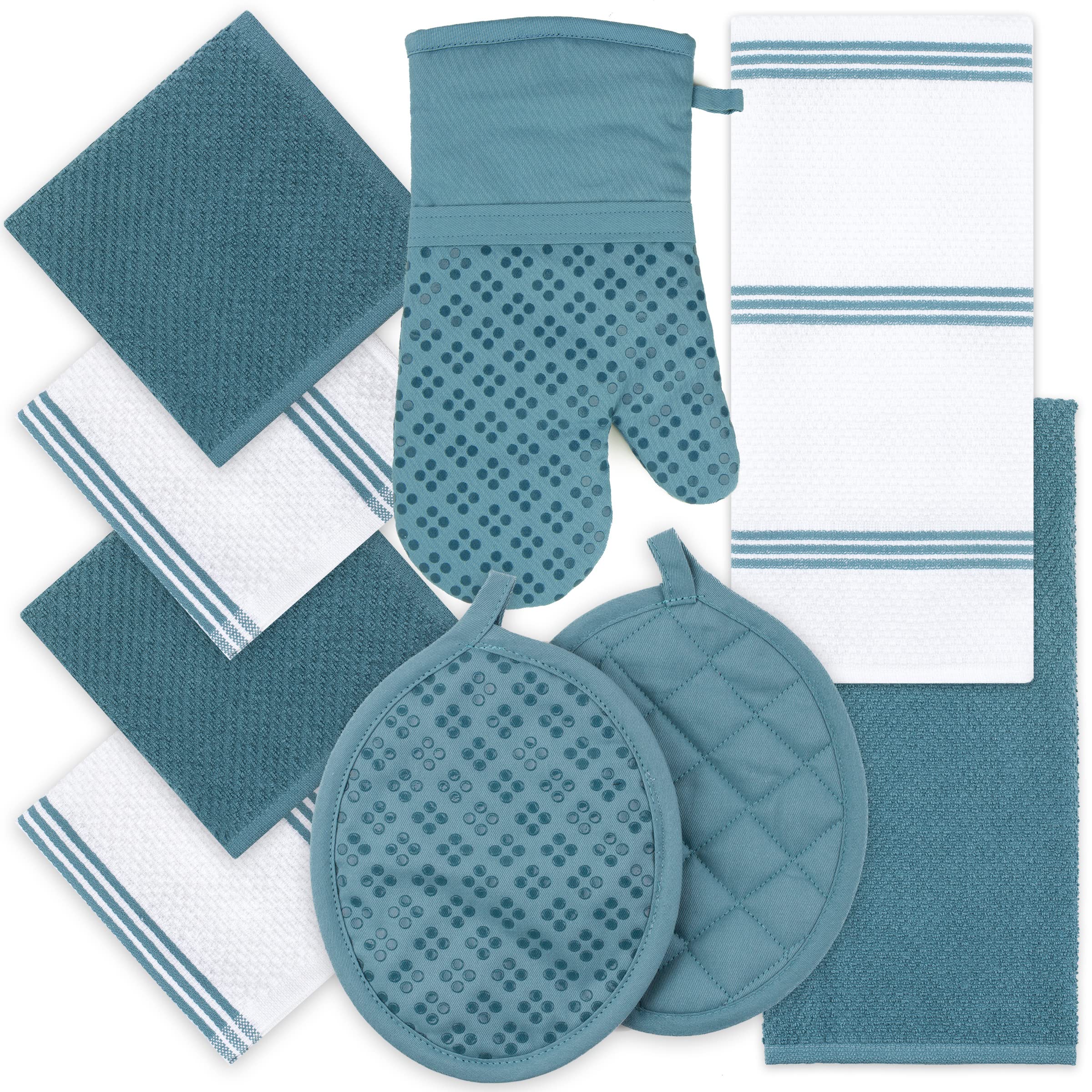 Premium 9-Piece Kitchen Towel Set - 100% Cotton Oeko-Tex Certified Dishcloths, Oven Mitts & Pot Holders with Non-Slip Silicone Grip - Blue - Perfect for Cooking, Baking & Kitchen Cleaning Tasks