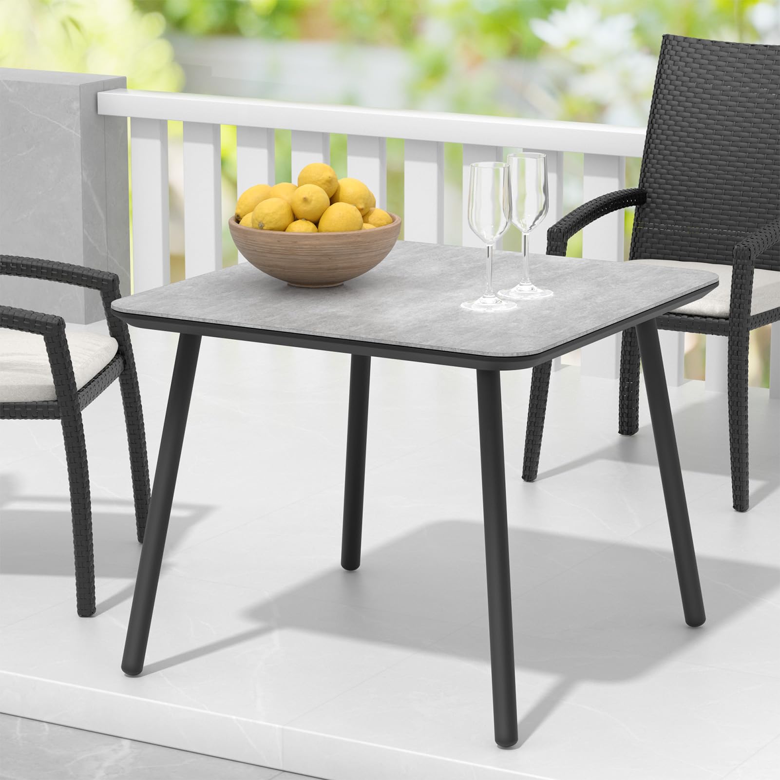 Square Metal Outdoor Dining Table with Marble Look Top - Patio, Garden, Backyard Furniture for Dining & Entertaining