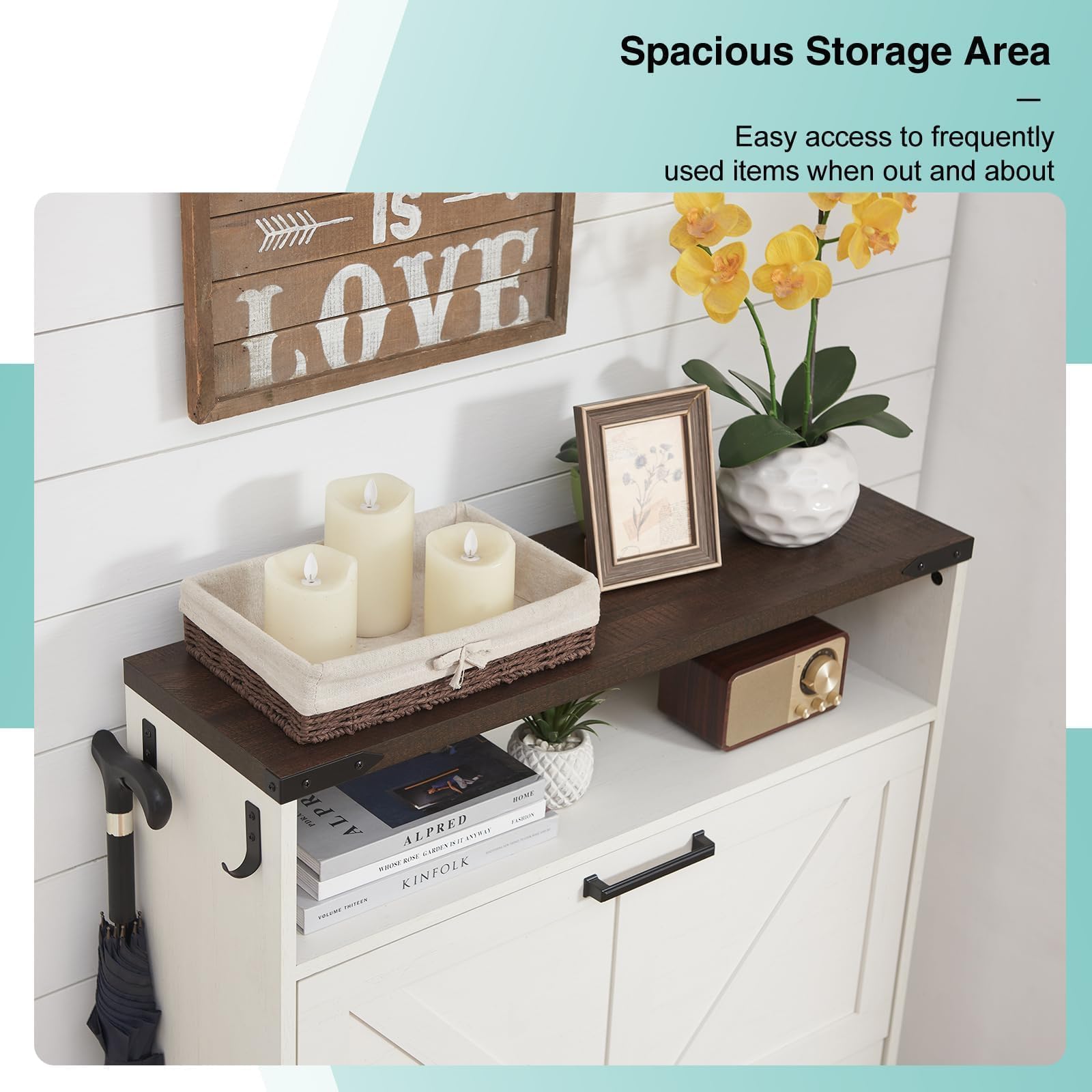 Farmhouse Shoe Storage Cabinet with 2 Flip Drawers & Barn Door Design - Freestanding Narrow Shoe Rack Organizer for Entryway, Foyer, Closet - Antique White Finish for Rustic Home Decor