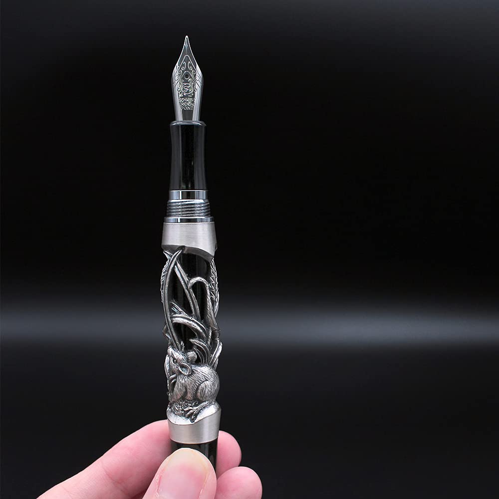 ARTEX Luxury Craft Fountain Pen with Germany Schmidt Nib - Relievo Zodiac Eastern Style Writing Instrument for Professionals & Executives - Metal Pen with Gift Box & Free Engraving (Ancient Silver Rat Design 14.2x1.6cm) - Perfect for Office Use, Business Gifts & Calligraphy Enthusiasts