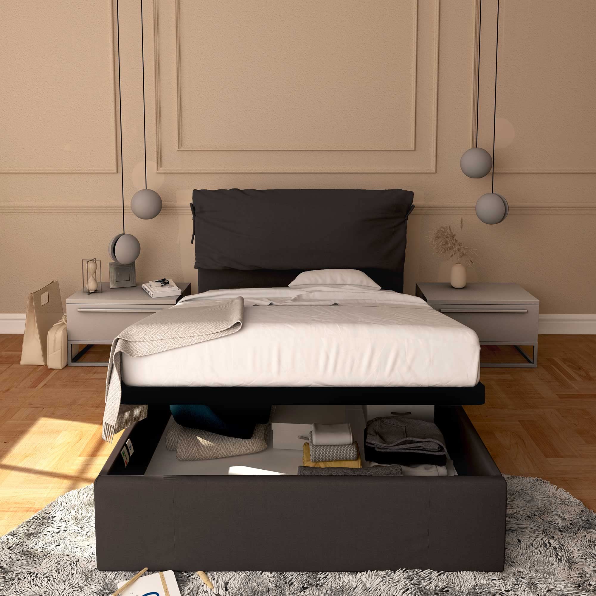 Baldiflex Licia Soft Twin Size Bed Frame with Storage - 120 x 190 cm Upholstered Fabric Platform Bed with Slatted Base, Padded Headboard in Brown - Perfect for Small Bedrooms, Guest Rooms & Studio Apartments