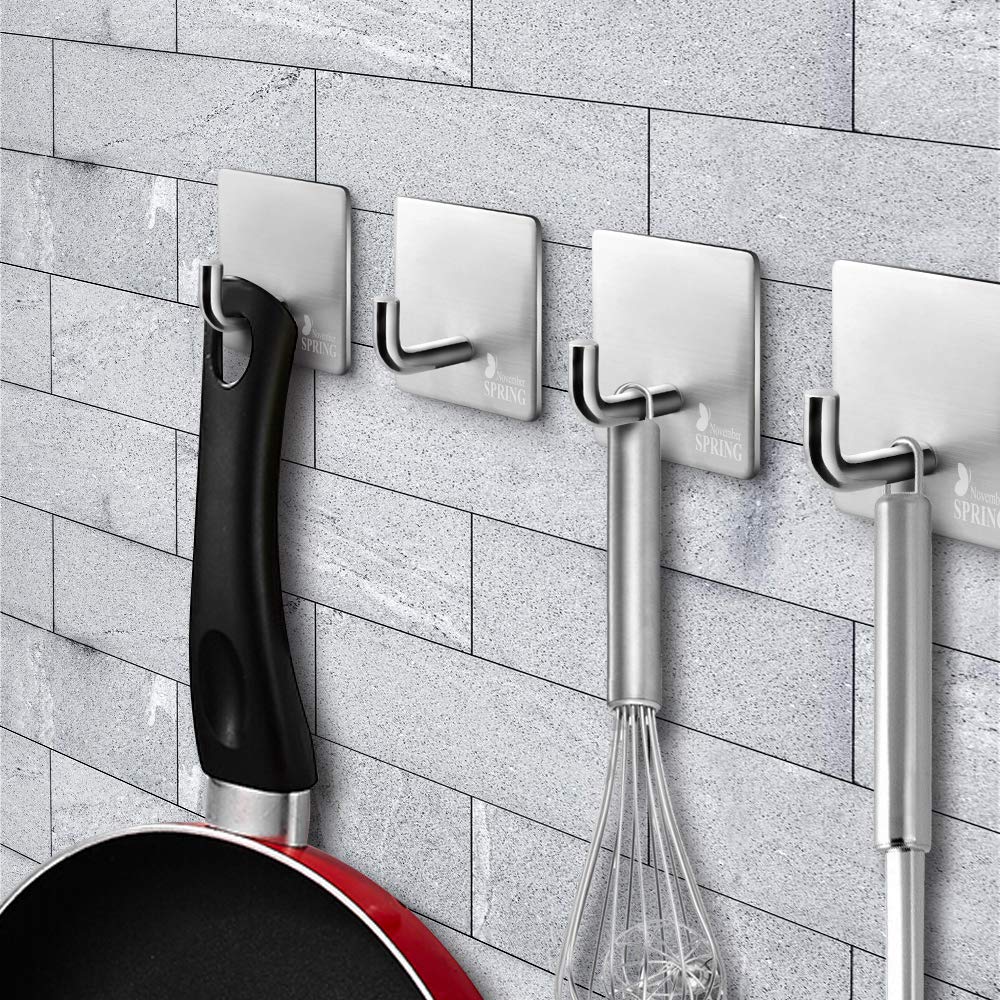 Stainless Steel Adhesive Hooks 4 Pack - Heavy Duty 11lb/5KG Wall Hooks for Kitchen, Bathroom, Pantry - Waterproof 304 Stainless Steel Hangers for Towels, Potholders, Coats & Pans - Perfect for Home Organization & Space Saving