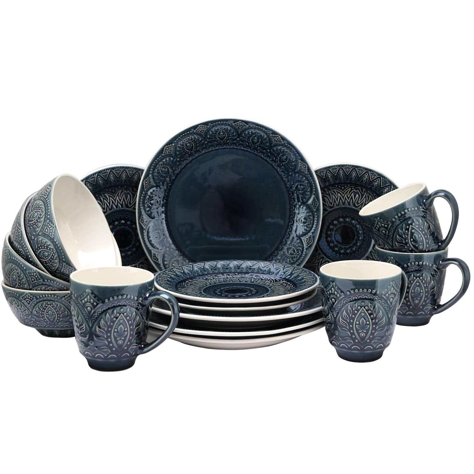 16-Piece Stoneware Dinnerware Set - Blue Textured Casual Round Plates & Bowls, Microwave & Dishwasher Safe for Everyday Use, Family Dinners & Entertaining Guests